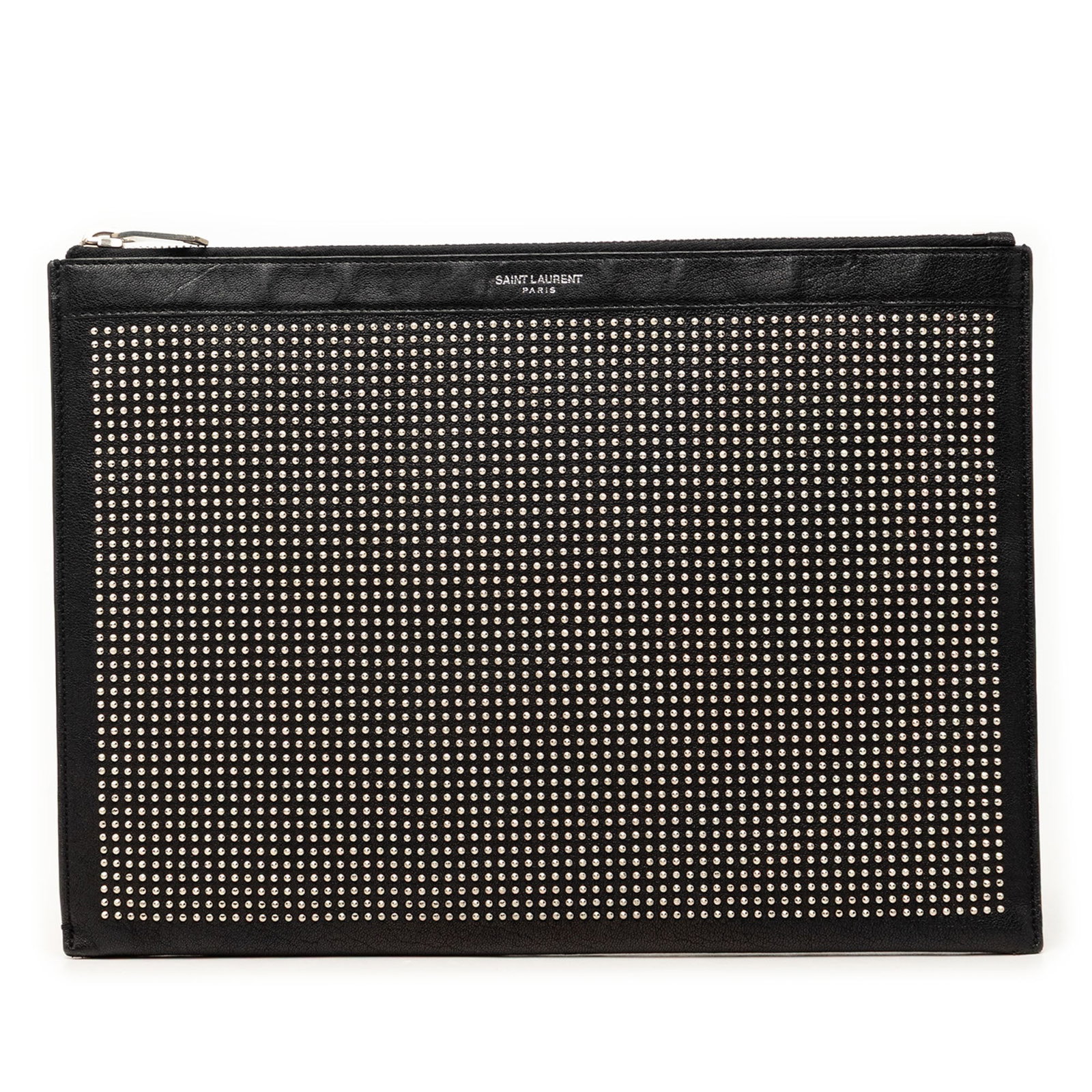 Saint Laurent Studded Leather Zip Clutch Bag Black: Saint Laurent Studded Leather Zip Clutch Bag Black Black leather clutch bag with silver-toned studs, a top zip closure, and interior slip pockets. Made in Italy, it includes one dust bag and one box. 