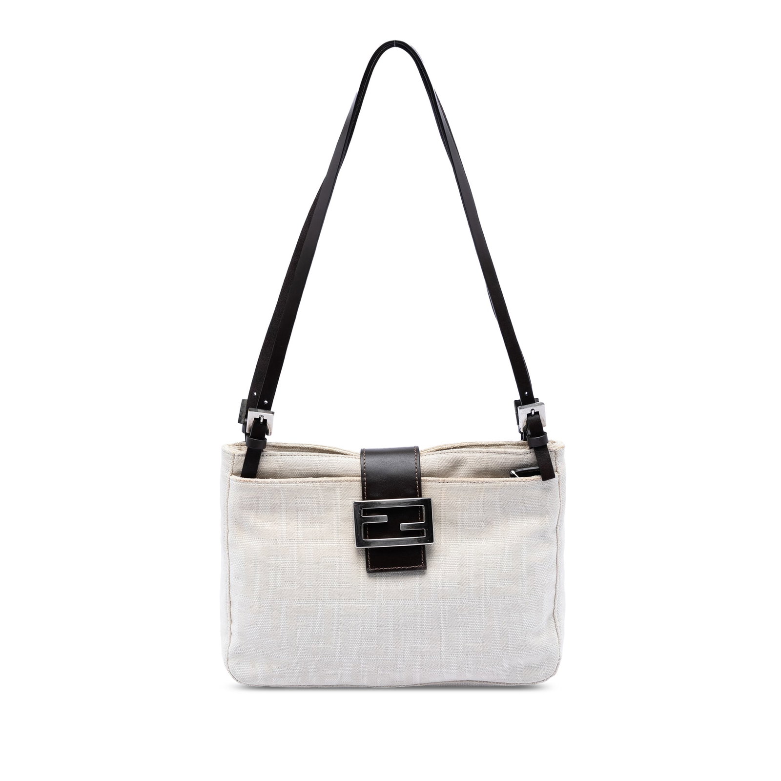 White Fendi Zucca Canvas Shoulder Purse with Leather Strap and Zip Compartments: White Fendi Zucca Canvas Shoulder Purse with Leather Strap and Zip Compartments This Fendi Zucca Canvas Shoulder Bag features a canvas body with an adjustable flat leather strap, a top leather strap w
