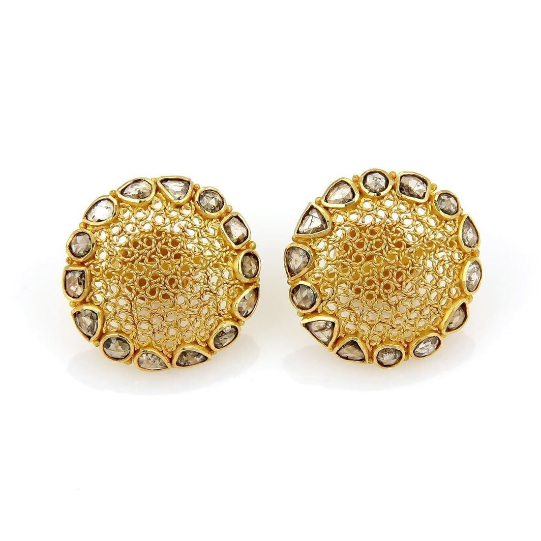 18k Yellow Gold Dome Earrings with 1.50ct Brown Diamonds: 18k Yellow Gold Dome Earrings with 1.50ct Brown Diamonds Pre-owned estate earrings in 18k yellow gold, featuring a round dome design with a fine wire mesh center and a brown chocolate diamond border. 