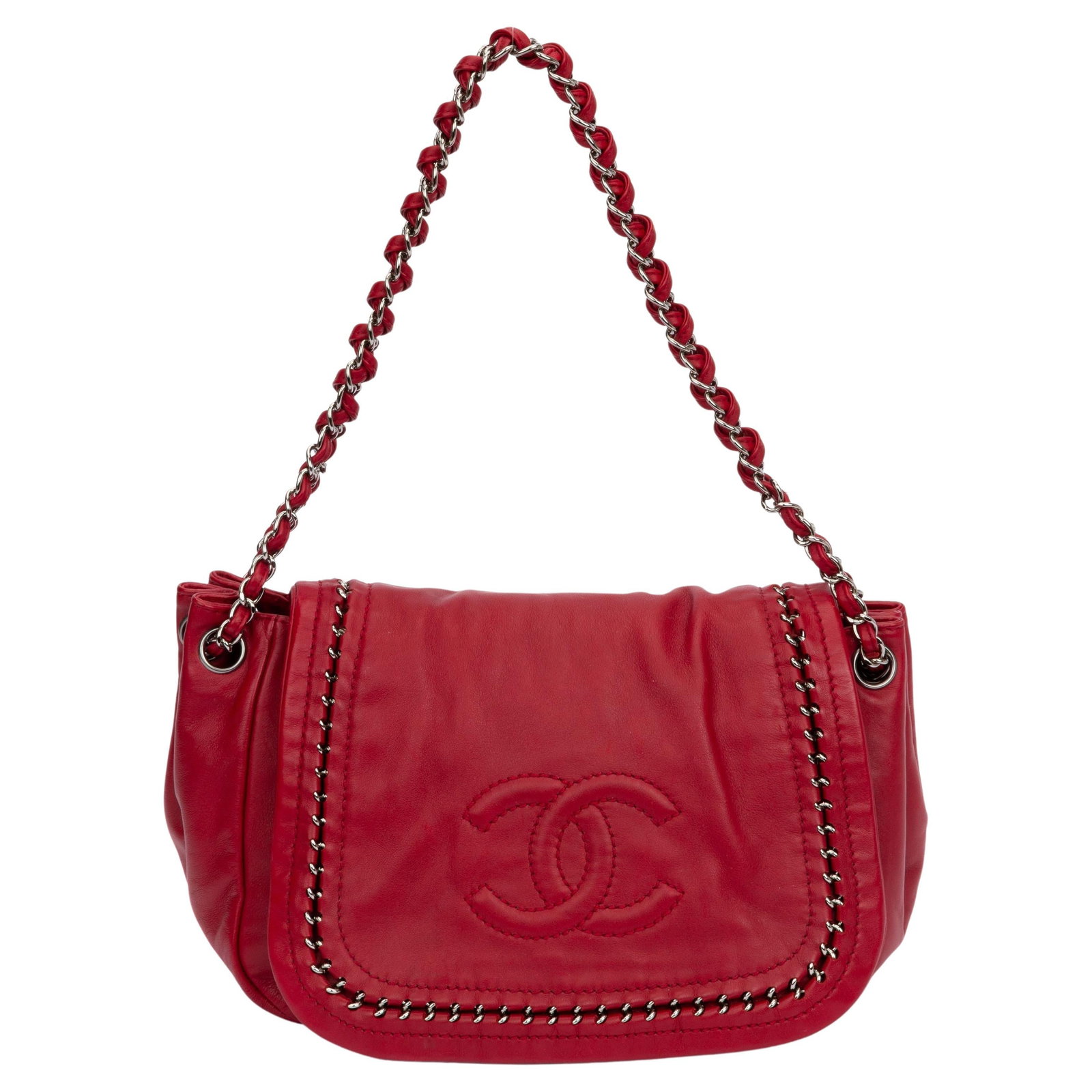 Chanel Cherry Red Leather Inlay Chain Handbag with Hologram: Chanel Cherry Red Leather Inlay Chain Handbag with Hologram This stunning Chanel Cherry Red Inlay Chain Handbag is a must-have for any luxury fashion enthusiast. Crafted from high-quality cherry red l