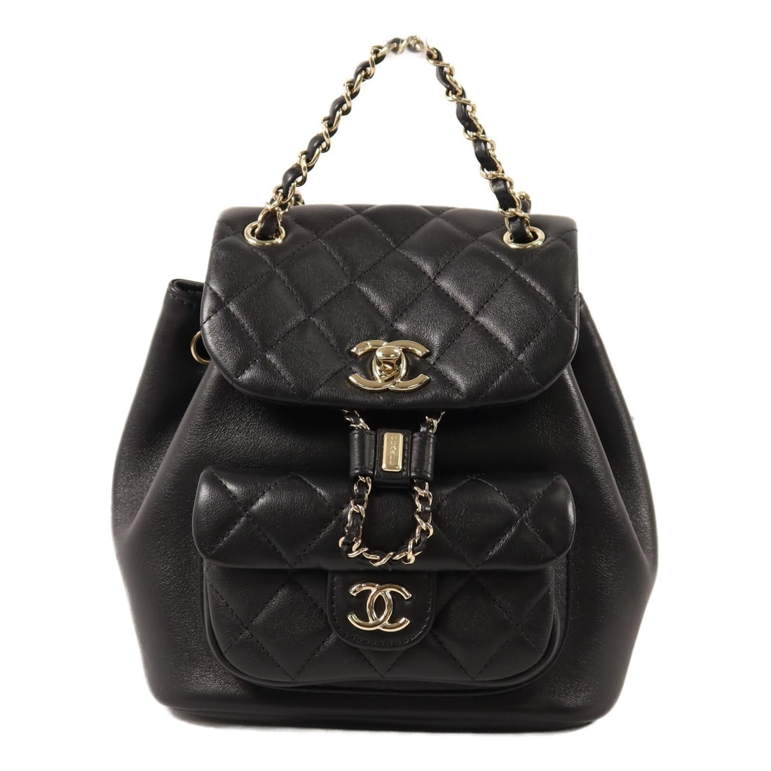CHANEL Duma AS2908 CC calfskin backpack black: CHANEL Duma AS2908 CC calfskin backpack black A CHANEL Duma rucksack backpack in black calfskin (cowhide) leather with CC hardware in gold-tone hardware. It features a turn lock closure, one outside f
