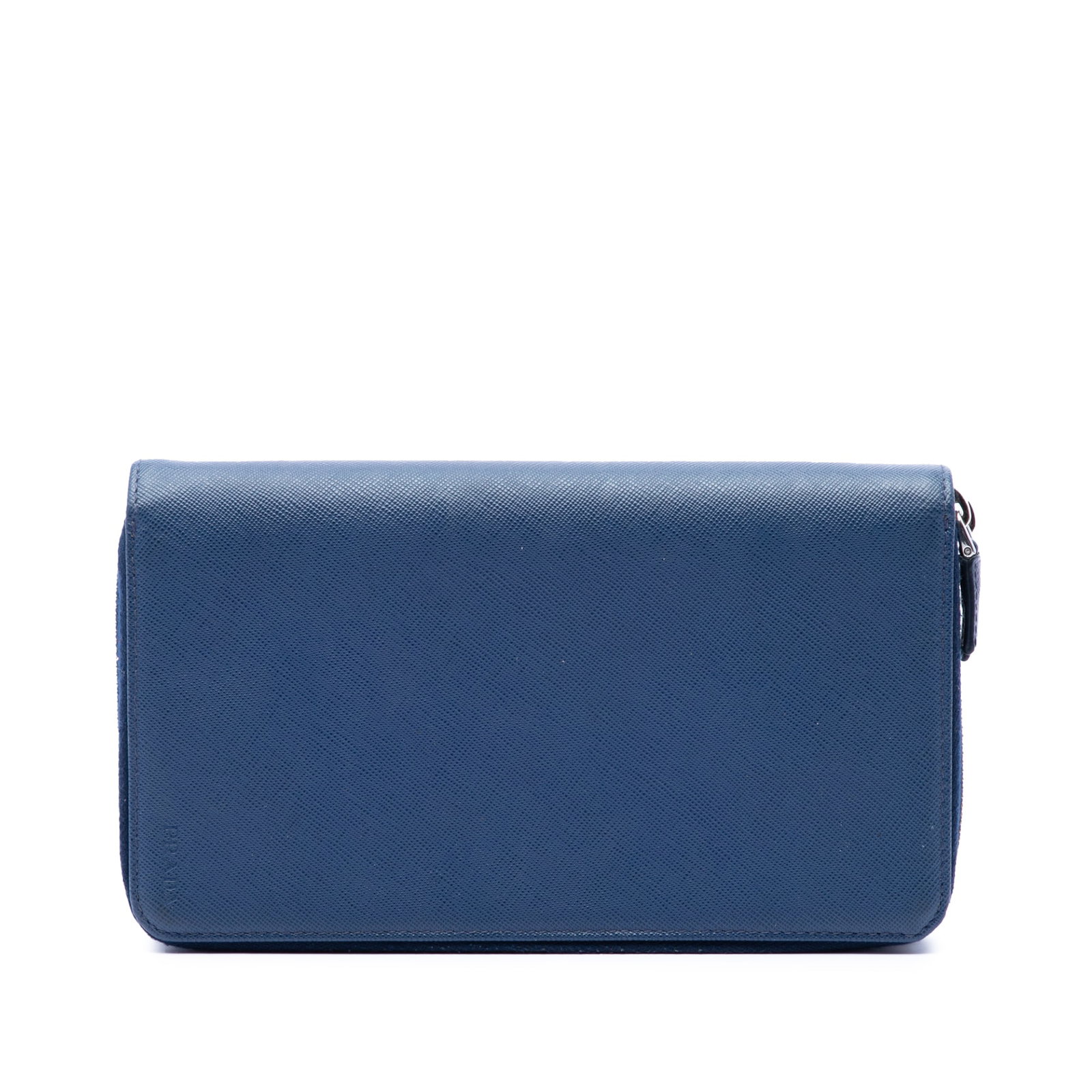 Prada Saffiano Leather Zip Around Long Wallet Blue: Prada Saffiano Leather Zip Around Long Wallet Blue Long wallet in saffiano leather with double zip-around closures and interior slip compartments. Made in Italy, this blue Prada SLG is identified as t