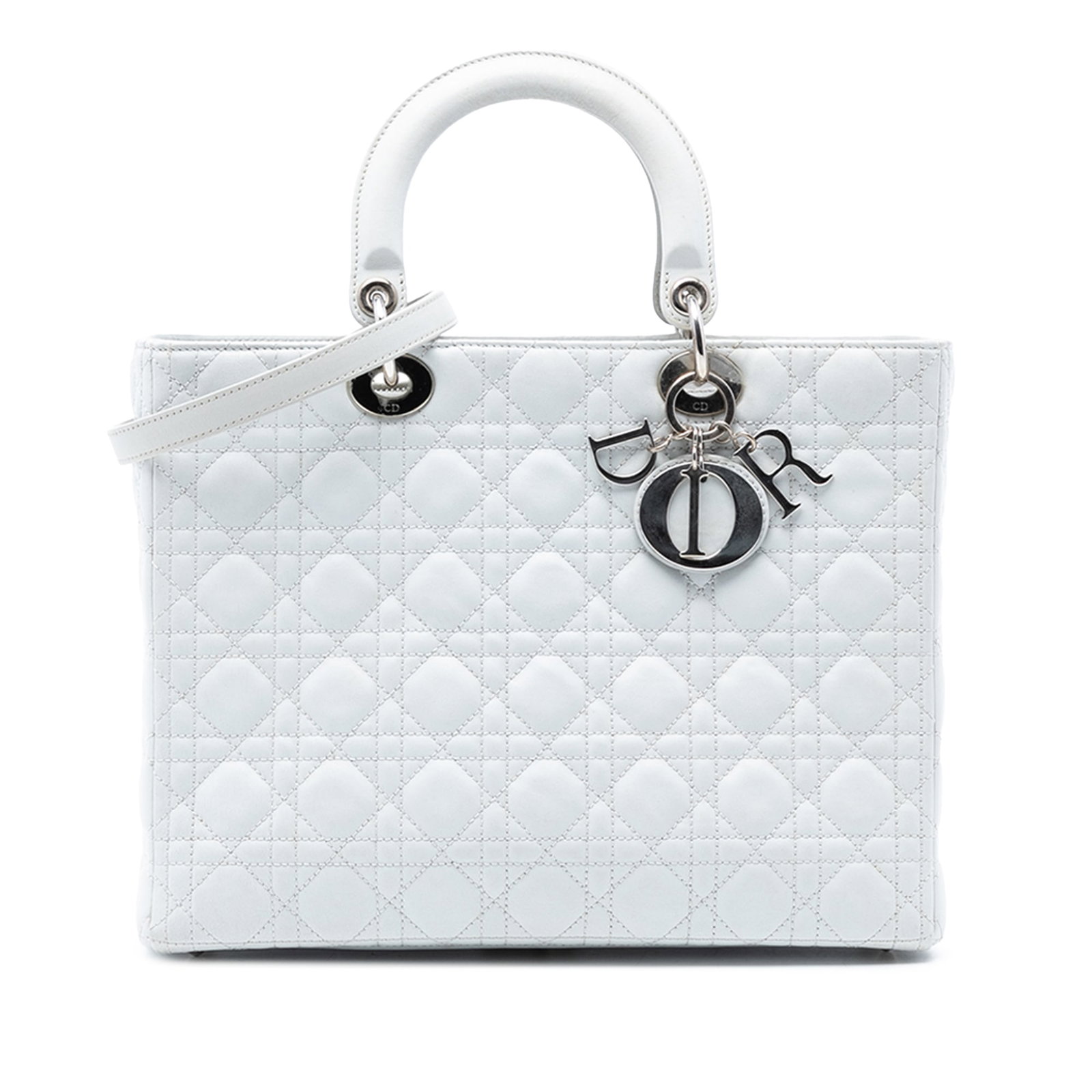 Dior Lady Dior Large White Quilted Lambskin Cannage Handbag with Strap: Dior Lady Dior Large White Quilted Lambskin Cannage Handbag with Strap This Lady Dior bag features a quilted lambskin leather body in white, flat top handles, a detachable flat leather strap, a top zi