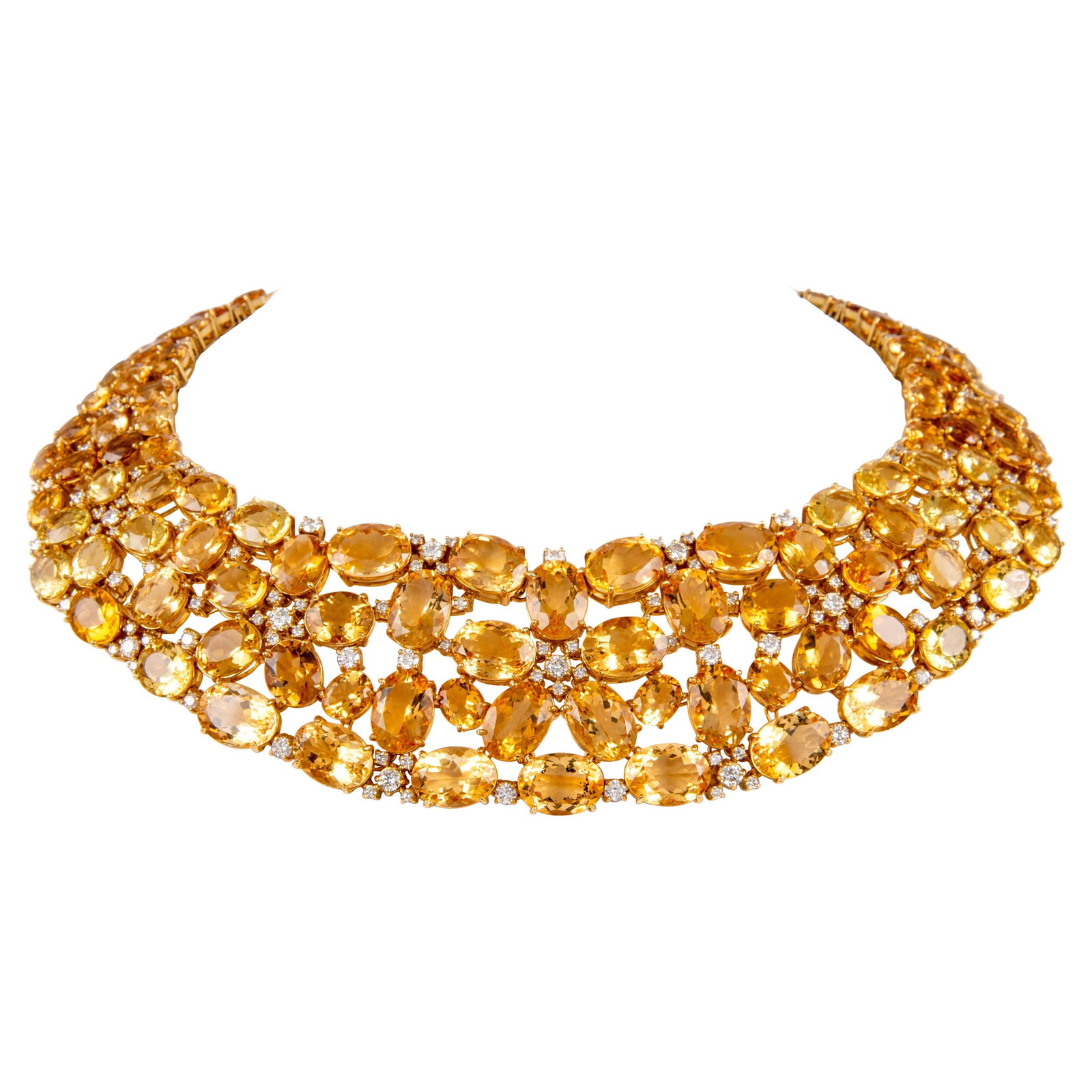 66.83ct Heliodor Beryl and Diamond Necklace in 18K Yellow Gold: 66.83ct Heliodor Beryl and Diamond Necklace in 18K Yellow Gold Make a bold statement with this exquisite necklace featuring 66.83 carats of stunning gemstones. Crafted in 18-karat yellow gold, this co