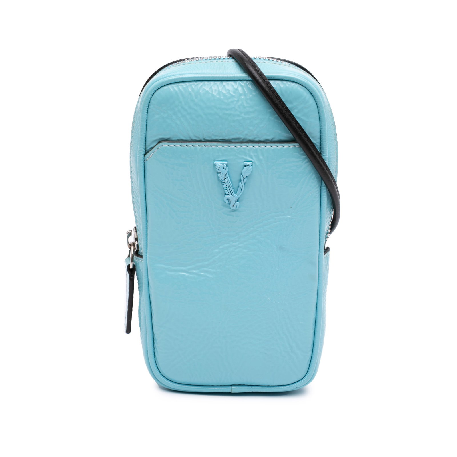 Versace Virtus Neck Pouch Blue Textured Leather Crossbody Bag: Versace Virtus Neck Pouch Blue Textured Leather Crossbody Bag Versace Textured Leather Virtus Neck Pouch Crossbody in blue, crafted from textured calf leather with a detachable flat strap, zip-around 