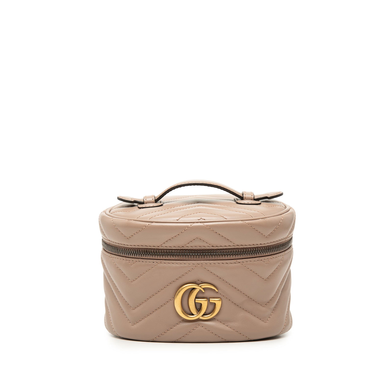Gucci GG Marmont Mini Round Leather Vanity Bag: Gucci GG Marmont Mini Round Leather Vanity Bag Gucci Mini GG Marmont Round Leather Vanity Bag crafted in quilted leather with a leather top handle and top zip-around closure. This round vanity-style b