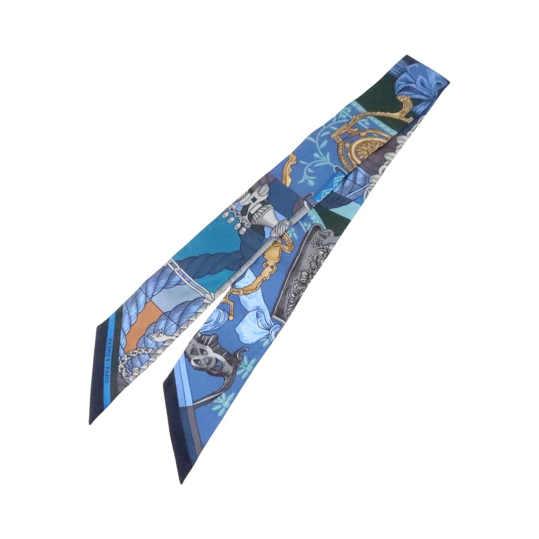 Hermes Silk Scarf Blue Brown Multicolor with Storage Box: Hermes Silk Scarf Blue Brown Multicolor with Storage Box Hermes silk scarf in blue, brown, and multicolor tones. It comes with a storage box and is described as being in AB very good condition. Specif