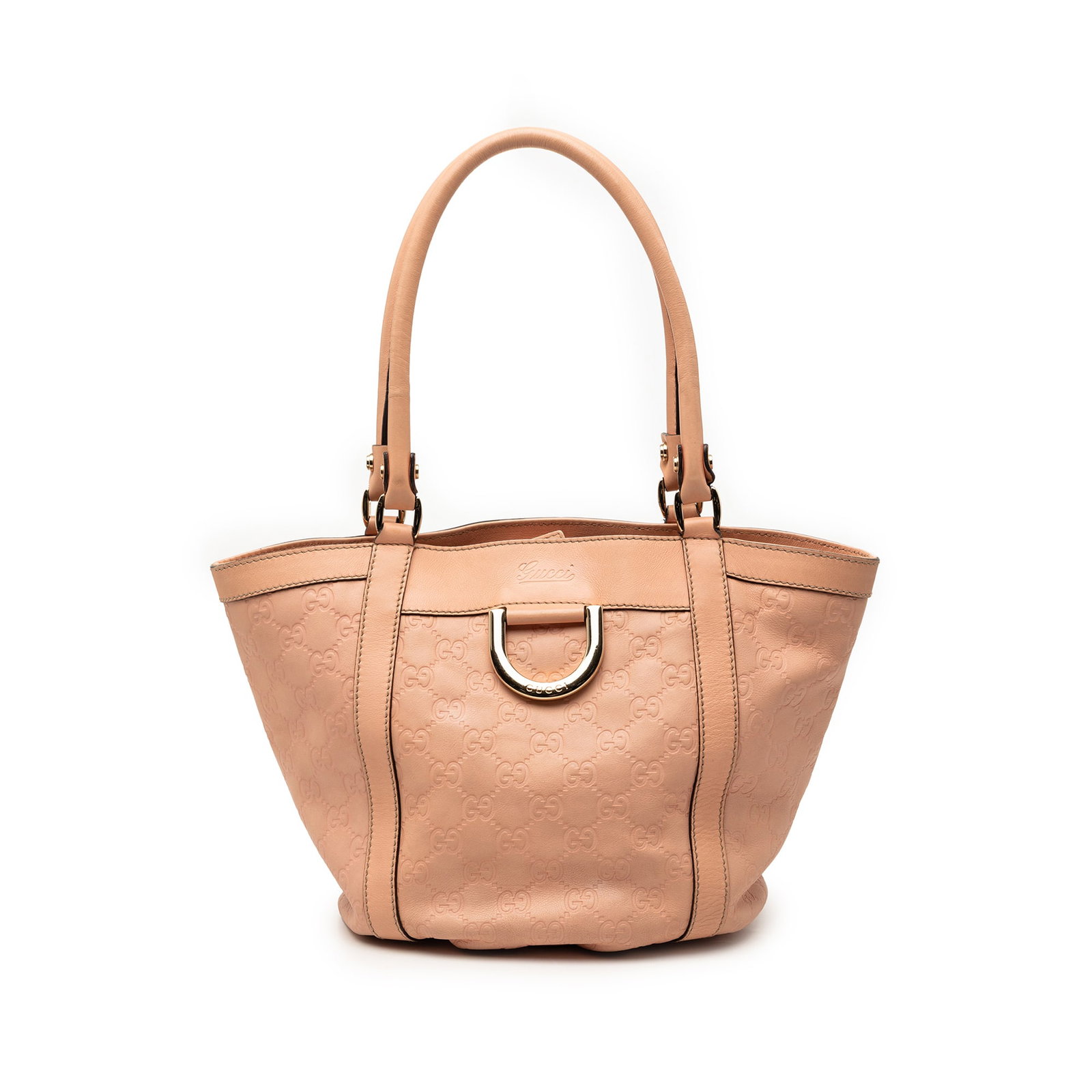Gucci pink embossed leather Abbey D Ring tote: Gucci pink embossed leather Abbey D Ring tote This Guccissima Abbey D Ring Handbag features an embossed leather body in pink, rolled leather handles, an open top with magnetic snap button closure, and