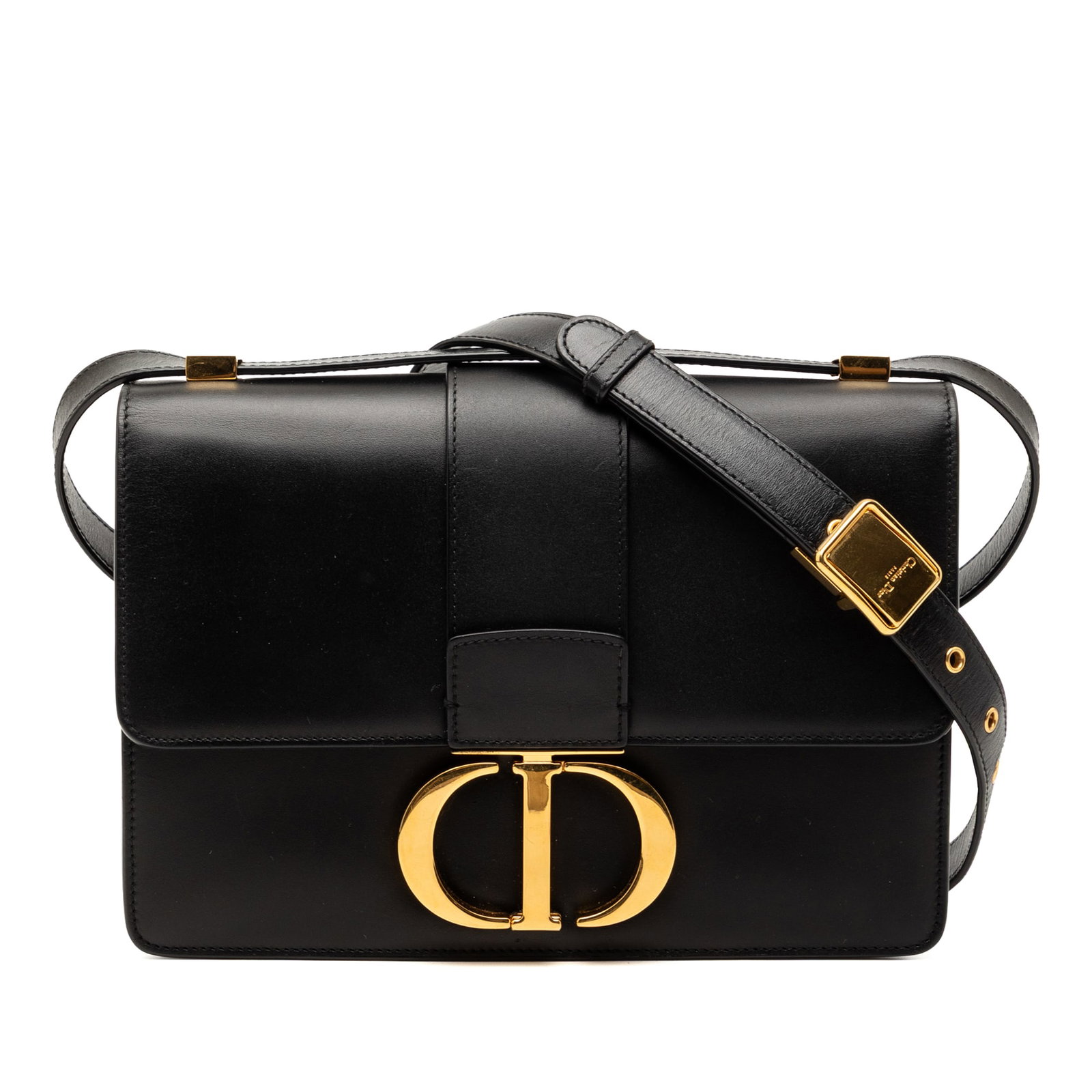 Dior 30 Montaigne Leather Flap Bag: Dior 30 Montaigne Leather Flap Bag This Dior 30 Montaigne Flap bag is crafted from black leather and features a flat leather shoulder strap, a front flap with a push lock closure, and interior zip and