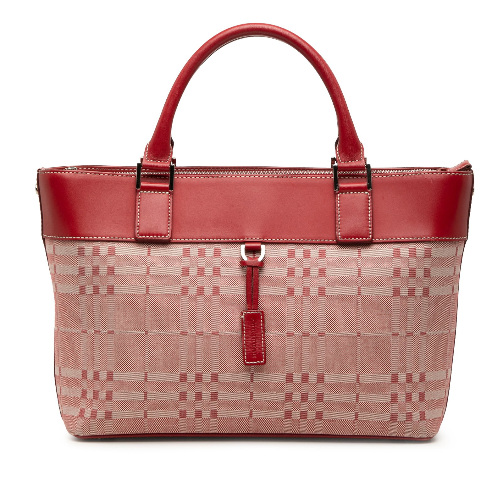 Burberry Tonal Check Canvas Handbag with Leather Trim Red: Burberry Tonal Check Canvas Handbag with Leather Trim Red A Burberry handbag with a canvas body and leather trim, designed in a tonal check pattern and finished in red. It features rolled leather hand