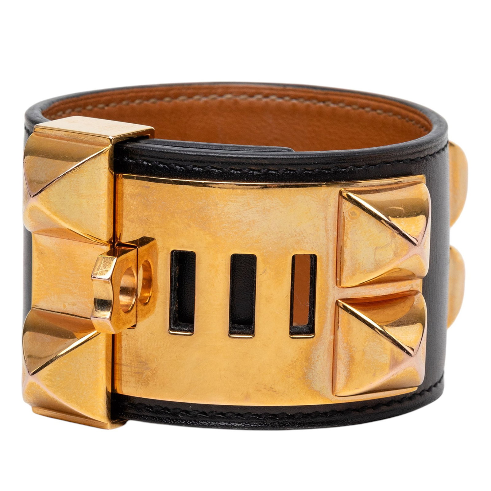 Hermes Collier de Chien leather bracelet gold tone studs size S (1 of 7)