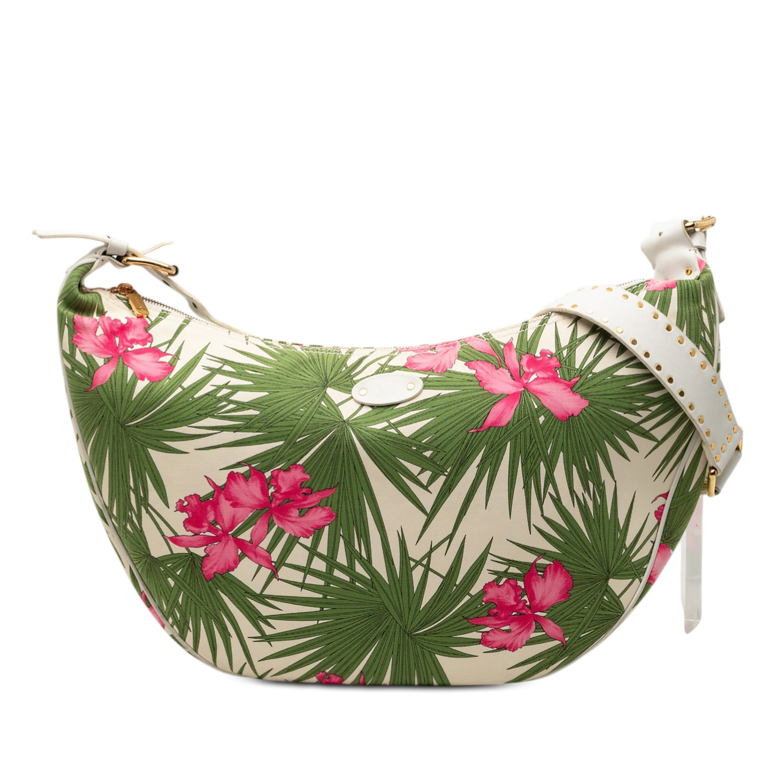 Celine Crossbody Bag with Floral Print Canvas and Studded Leather Strap: Celine Crossbody Bag with Floral Print Canvas and Studded Leather Strap This Celine crossbody bag showcases a floral printed canvas exterior with an adjustable flat studded leather strap and a top zip