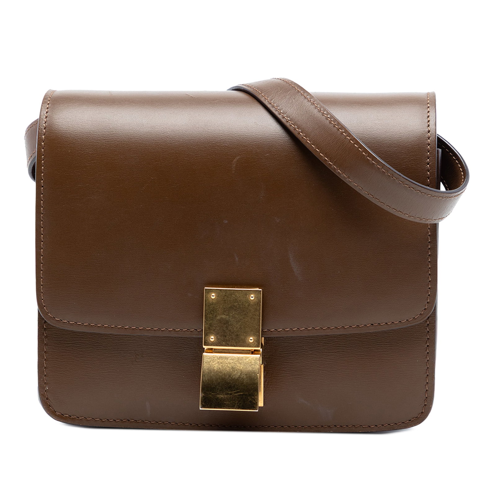 Celine Classic Box Small Brown Leather Crossbody Bag with Adjustable Strap: Celine Classic Box Small Brown Leather Crossbody Bag with Adjustable Strap This Celine Small Calfskin Classic Box is a crossbody bag crafted from brown leather. It features an adjustable and detachabl