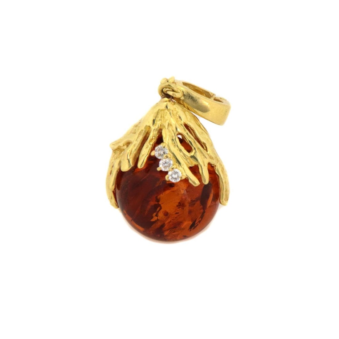 Elegant 18k Yellow Gold Amber Pendant with Diamond Accents: Elegant 18k Yellow Gold Amber Pendant with Diamond Accents This exquisite pendant is crafted from 18k yellow gold and showcases a stunning large round amber gemstone bead nestled within a beautifully 