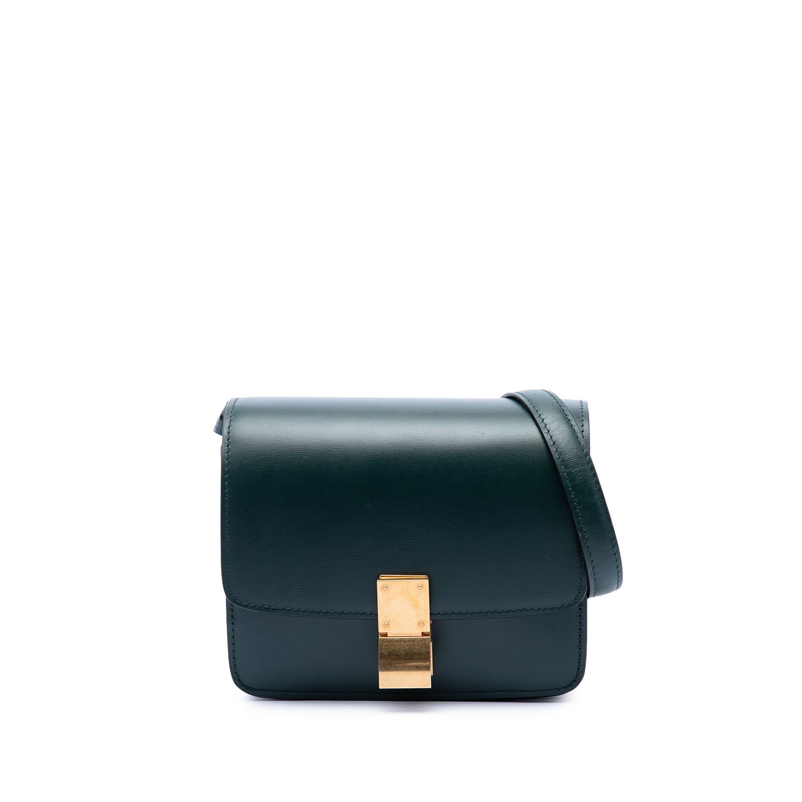 Celine Classic Box Small Calfskin Crossbody Bag Green: Celine Classic Box Small Calfskin Crossbody Bag Green Celine Small Calfskin Classic Box crossbody bag in green, crafted with a leather body and a flat leather strap. It features a front flap with push