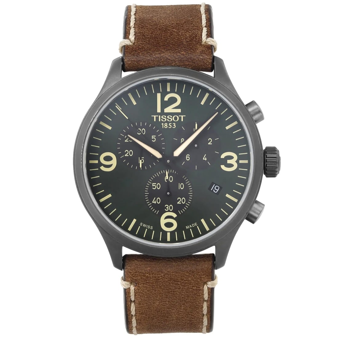 Tissot Chrono XL mens wristwatch 45 mm green dial PVD steel T116.617.36.097.00: Tissot Chrono XL mens wristwatch 45 mm green dial PVD steel T116.617.36.097.00 Pre-owned Tissot Chrono XL men's wristwatch with a 45 mm round stainless steel case finished in gray PVD coating and a gr