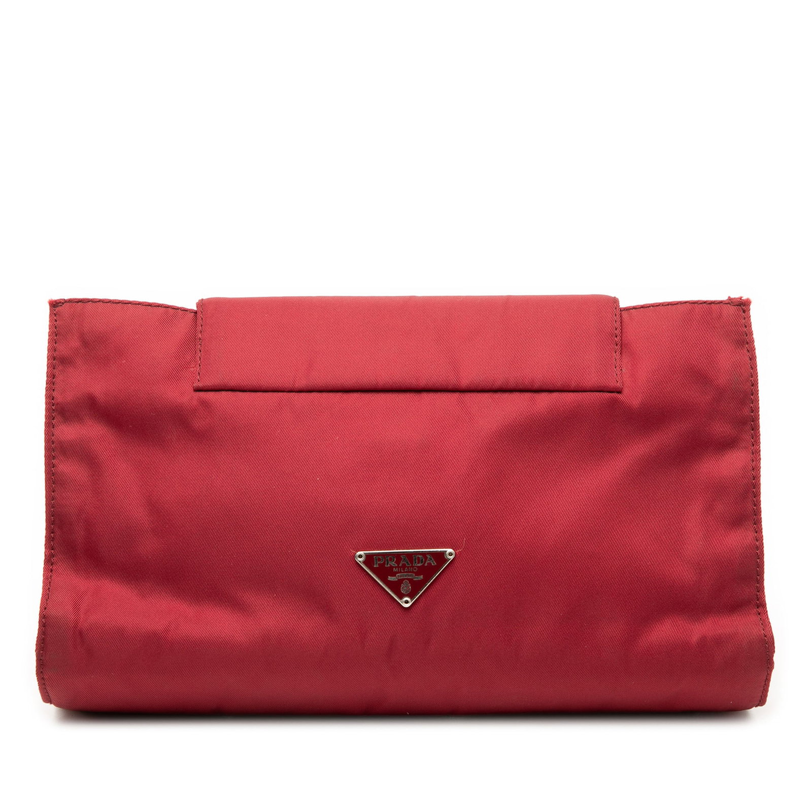 Prada Red Nylon Tessuto Pouch Flap Snap Closure: Prada Red Nylon Tessuto Pouch Flap Snap Closure This Prada Tessuto Pouch is crafted from durable red nylon fabric and features an open top with a flap and snap closure. The pouch is noted for its styl