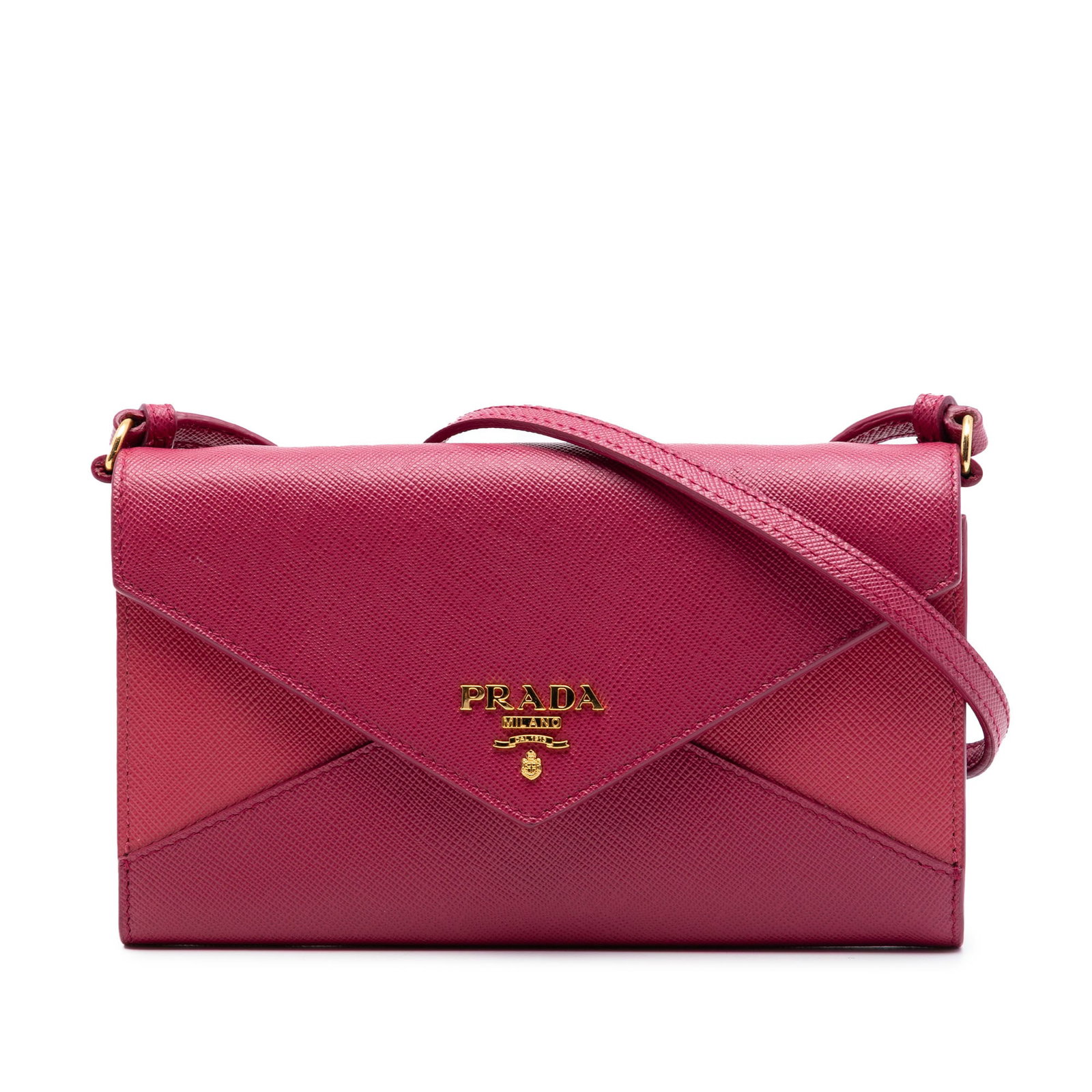 Prada Bicolor Saffiano Leather Crossbody Wallet Pink: Prada Bicolor Saffiano Leather Crossbody Wallet Pink A Prada Bicolor Saffiano Envelope Wallet On Strap crossbody bag in pink leather, made in Italy. It features a saffiano leather body, an adjustable 