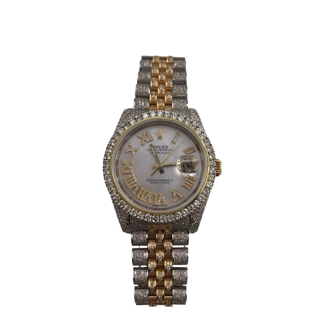 Rolex Datejust Mens Watch Diamond Bezel Jubilee 116233 Aftermarket MOP Roman Dial: Rolex Datejust Mens Watch Diamond Bezel Jubilee 116233 Aftermarket MOP Roman Dial This is a Rolex Datejust watch featuring an aftermarket mother-of-pearl Roman numeral dial and a diamond bezel. The wa