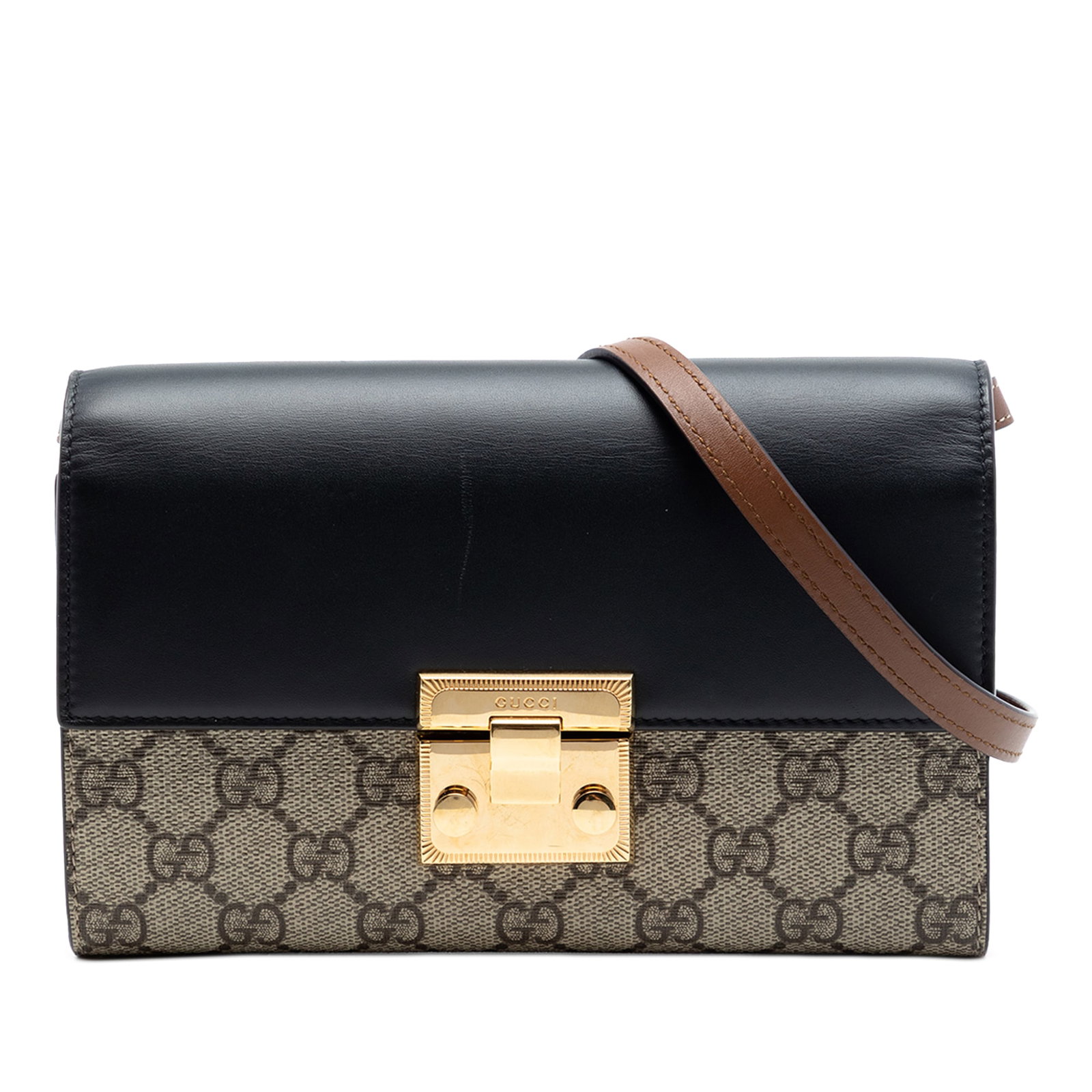 Gucci Padlock Wallet on Strap Small GG Supreme Crossbody: Gucci Padlock Wallet on Strap Small GG Supreme Crossbody Gucci Small GG Supreme Padlock Wallet on Strap crossbody bag with a coated canvas and leather body, chain link strap, front flap with push lock