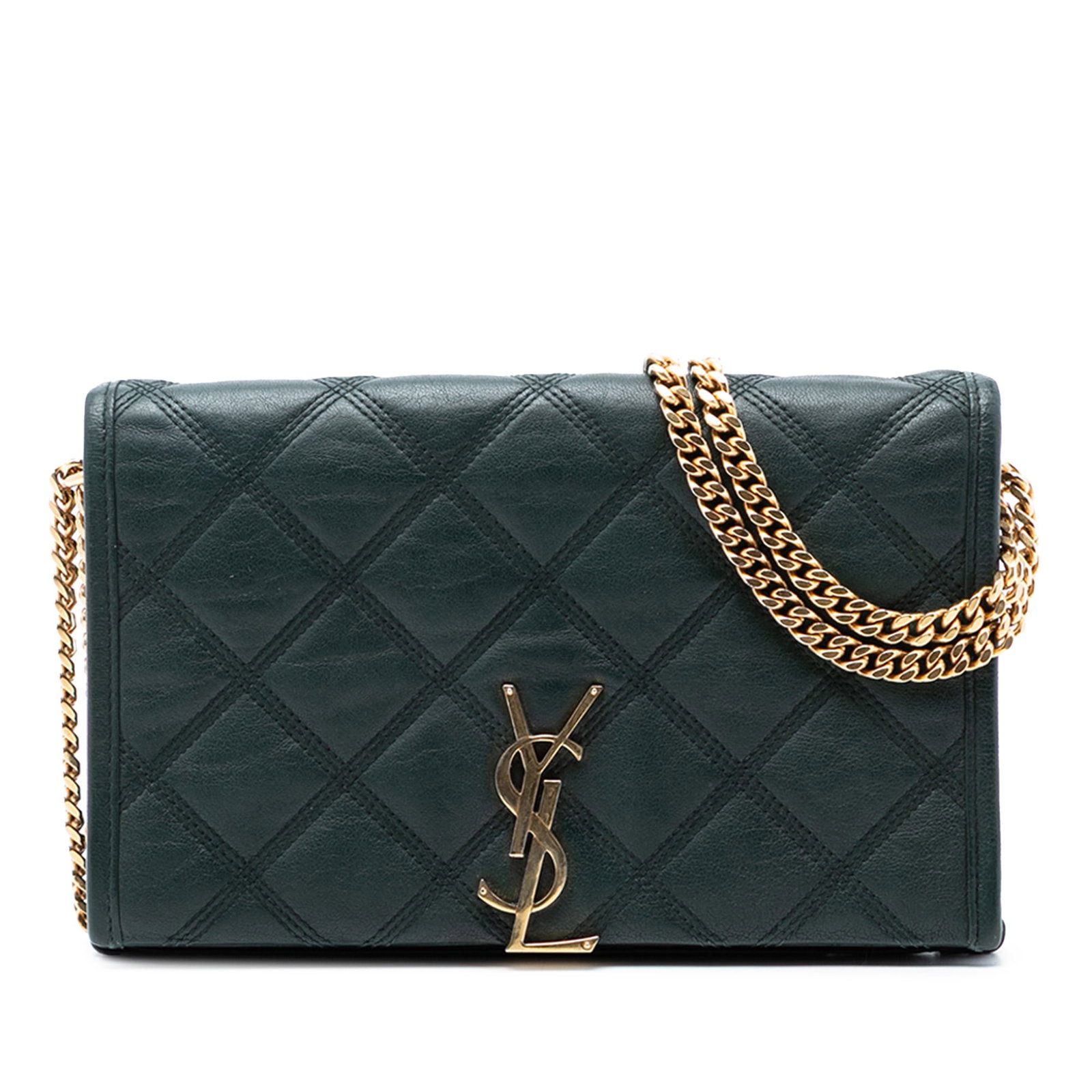 Green Becky Chain Wallet by Saint Laurent Quilted Lambskin Leather: Green Becky Chain Wallet by Saint Laurent Quilted Lambskin Leather This Saint Laurent Quilted Lambskin Diamond Becky Chain Wallet features a quilted lambskin leather exterior in green, complemented by