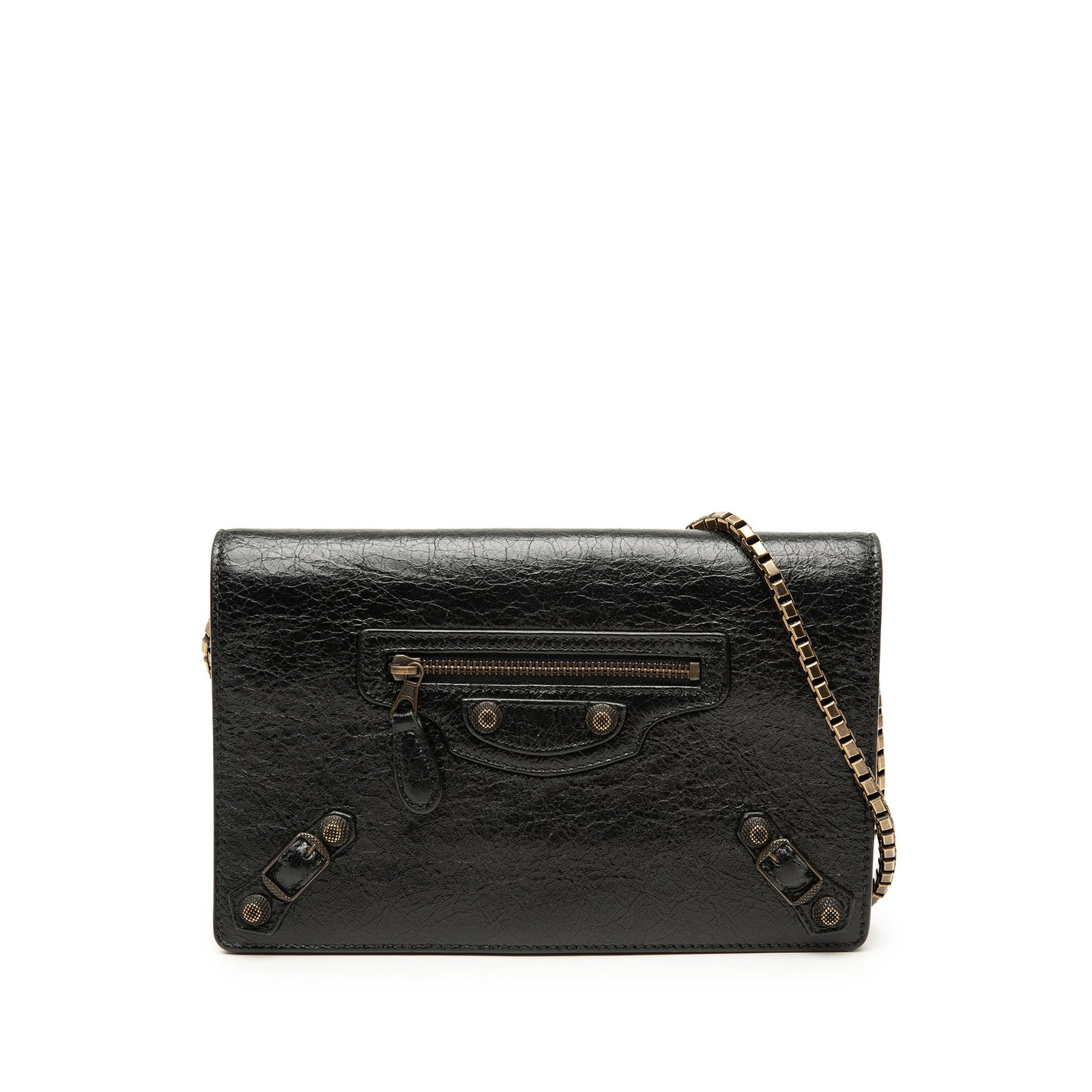Balenciaga Giant 12 Wallet on Chain Black Lambskin Crossbody: Balenciaga Giant 12 Wallet on Chain Black Lambskin Crossbody Balenciaga Lambskin Motocross Giant 12 Wallet on Chain in black lambskin leather. This crossbody bag features a chain link strap, a front f