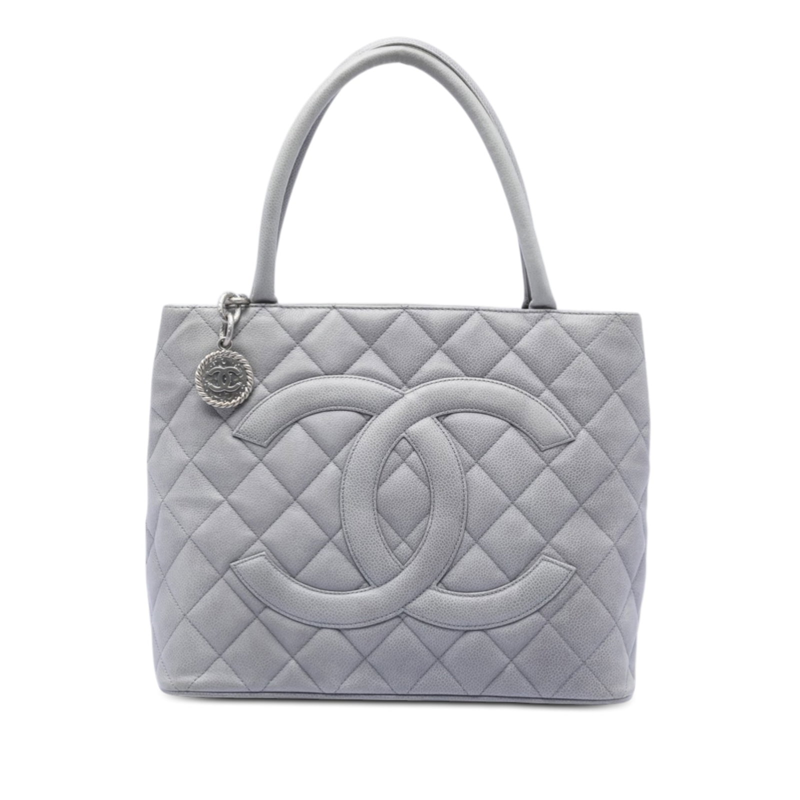 Gray Chanel Medallion Tote Quilted Caviar Leather Handbag: Gray Chanel Medallion Tote Quilted Caviar Leather Handbag This Chanel Caviar Medallion Tote features a quilted caviar leather body in gray, rolled leather handles, a top zip closure, an exterior back 