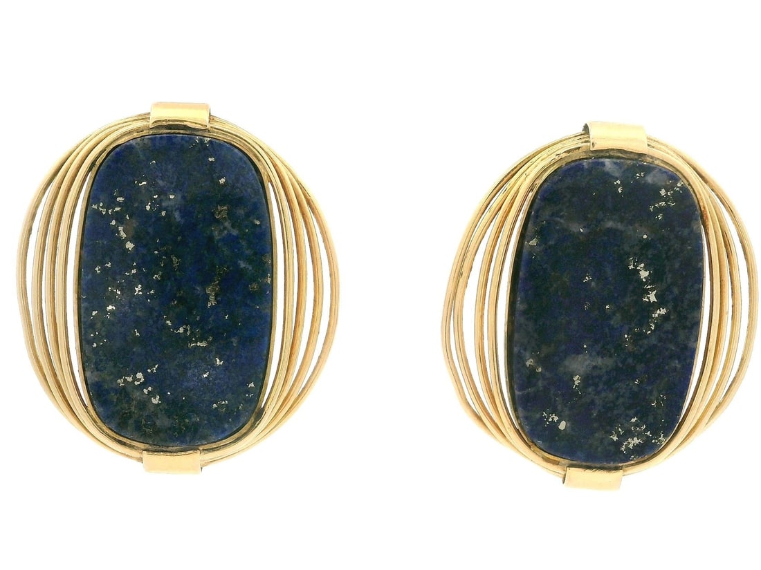 Large Handmade 18K Yellow Gold Omega Earrings with Lapis Lazuli: Large Handmade 18K Yellow Gold Omega Earrings with Lapis Lazuli Elevate your style with these exquisite large omega earrings, expertly crafted from solid 18 karat yellow gold. Each earring features a 