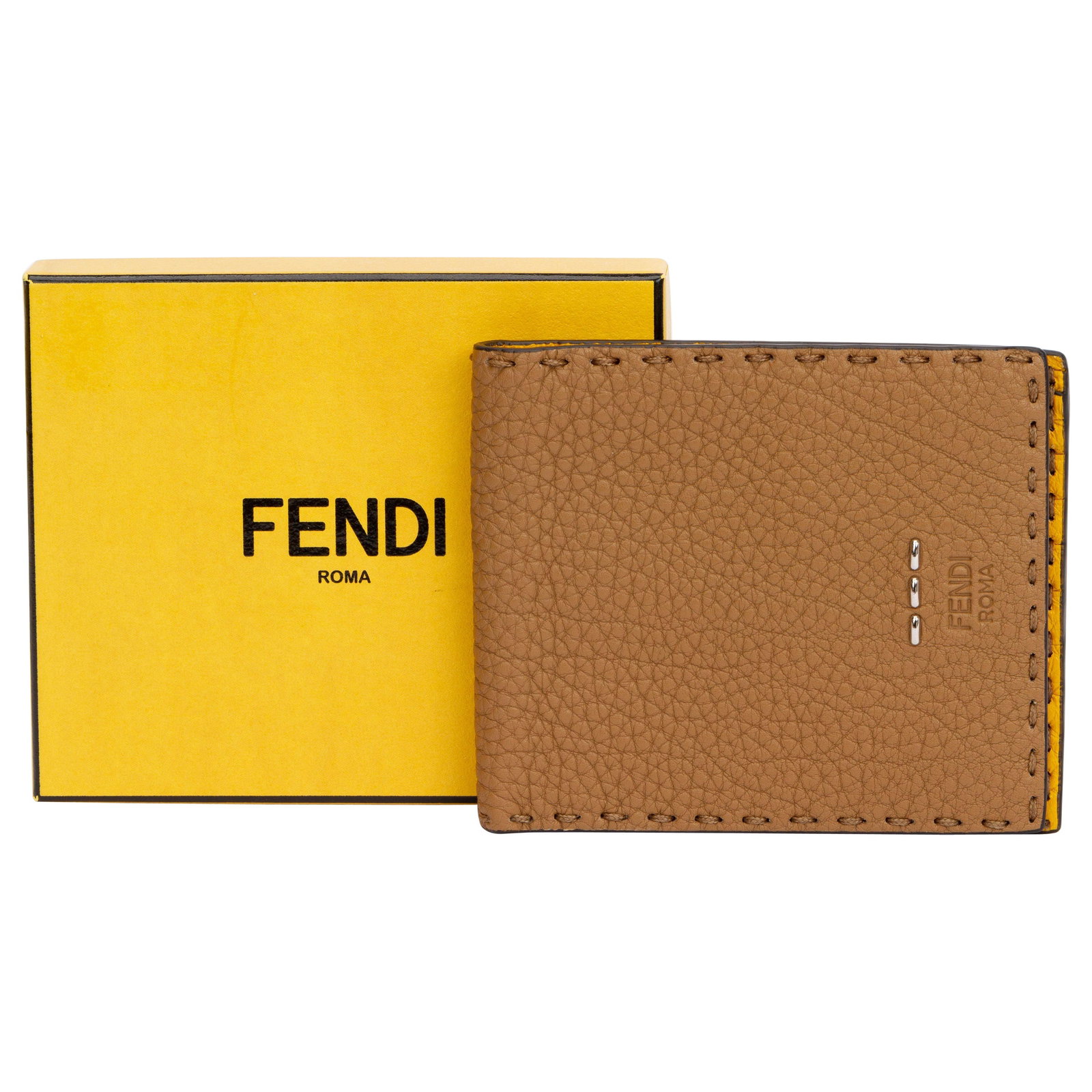 Fendi Bifold Wallet Leather Brown Yellow with Box and Tags: Fendi Bifold Wallet Leather Brown Yellow with Box and Tags This exquisite Fendi bifold wallet is a stylish accessory crafted from high-quality leather. Featuring a sophisticated brown exterior with in