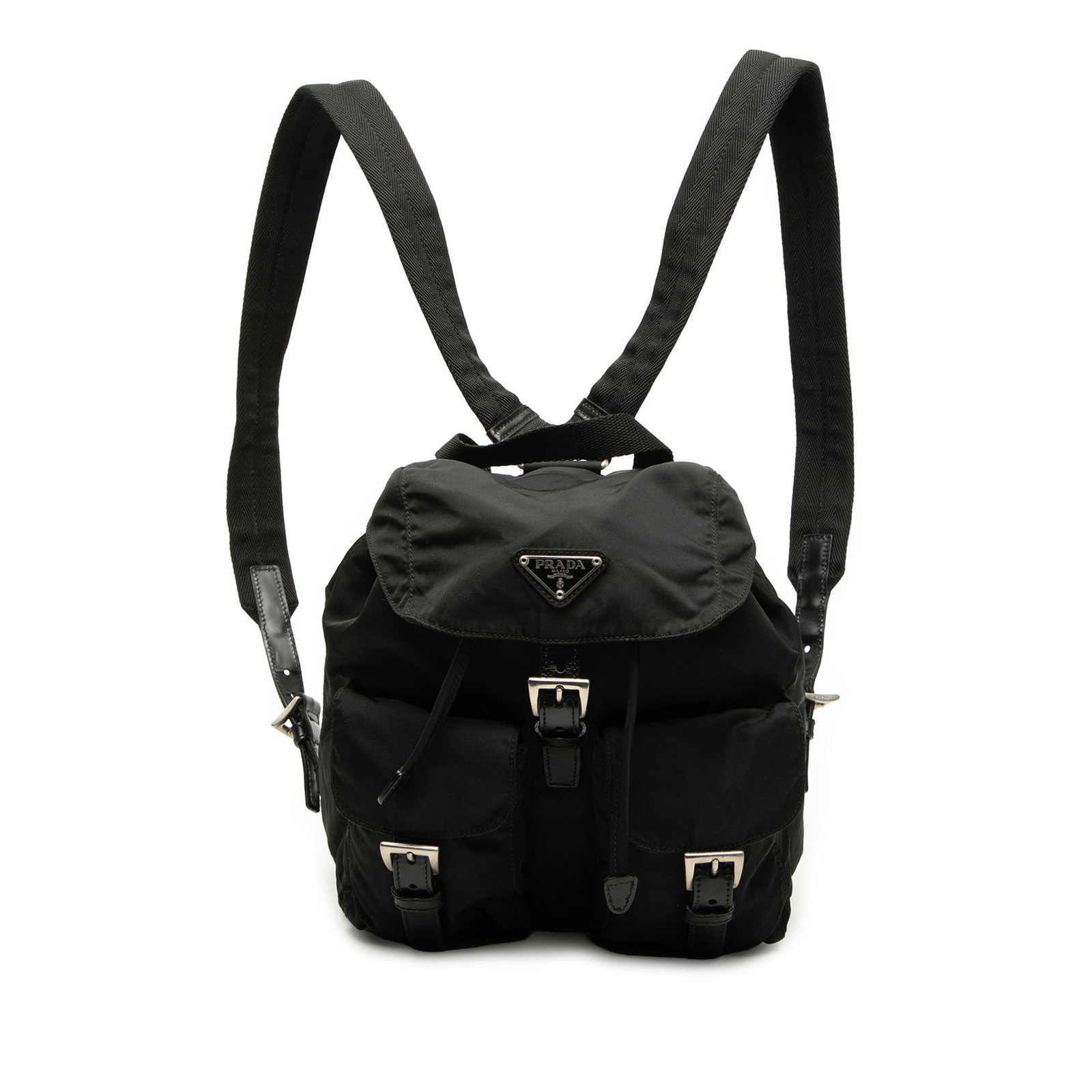 Prada Tessuto Nylon Backpack with Drawstring Flap Black: Prada Tessuto Nylon Backpack with Drawstring Flap Black Prada Tessuto Drawstring Backpack in black, made with a nylon body and leather trim. It features a flat top handle, adjustable flat back straps,