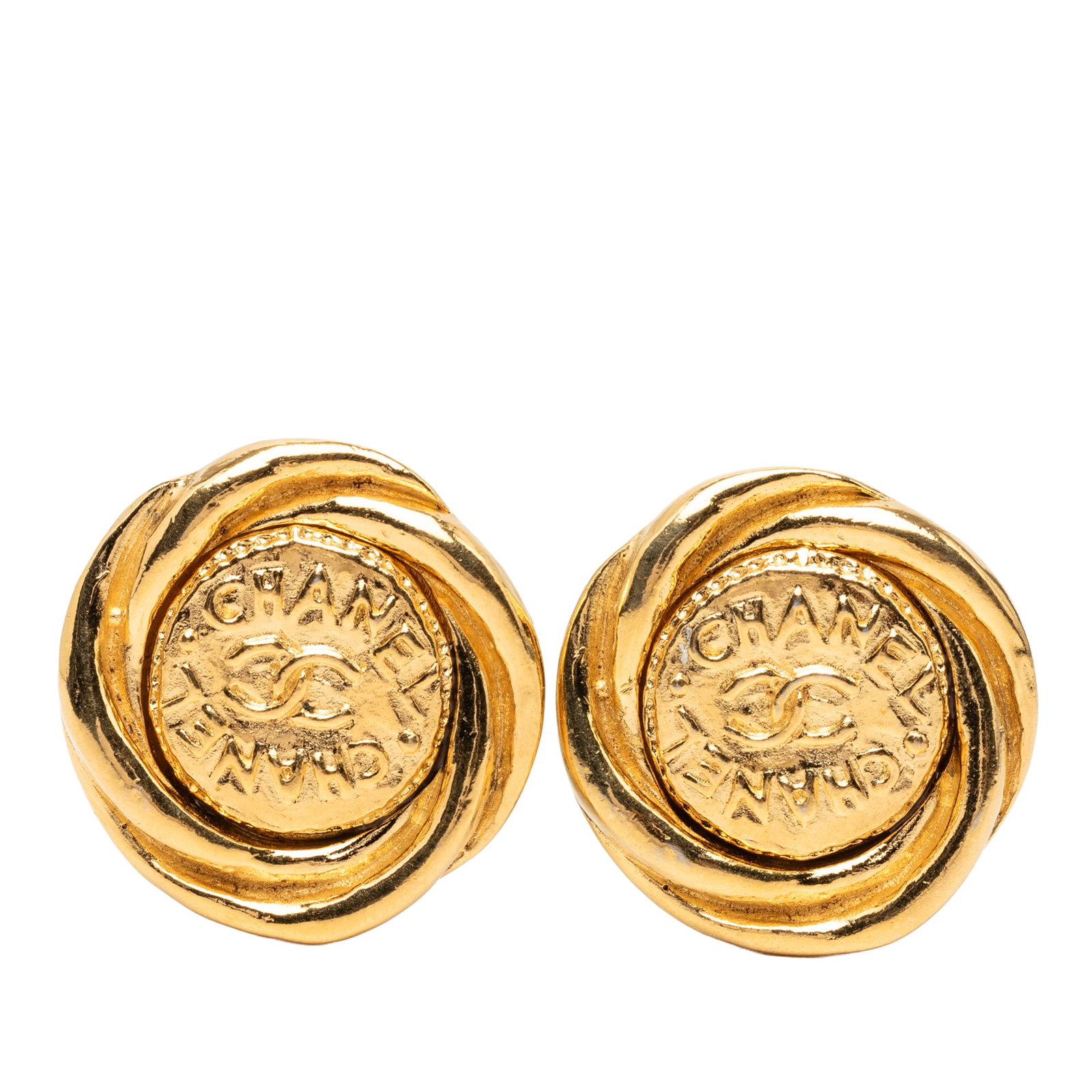 Chanel CC Round Clip On Earrings Gold Plated Metal: Chanel CC Round Clip On Earrings Gold Plated Metal Chanel CC round clip-on earrings in gold-plated metal with a back clip-on closure. The earrings are categorized as costume jewelry and were made in F