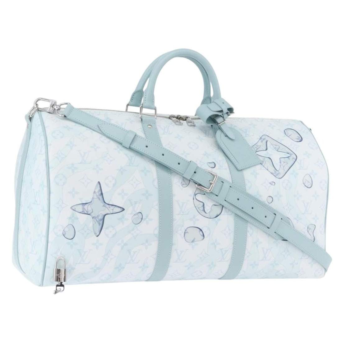 Louis Vuitton M22570 Keepall Bandouliere 50 Monogram Aqua Garden Boston Bag: Louis Vuitton M22570 Keepall Bandouliere 50 Monogram Aqua Garden Boston Bag Louis Vuitton Monogram Aqua Garden Keepall Bandouliere 50 Boston bag in white Monogram canvas, made in France. This women's 