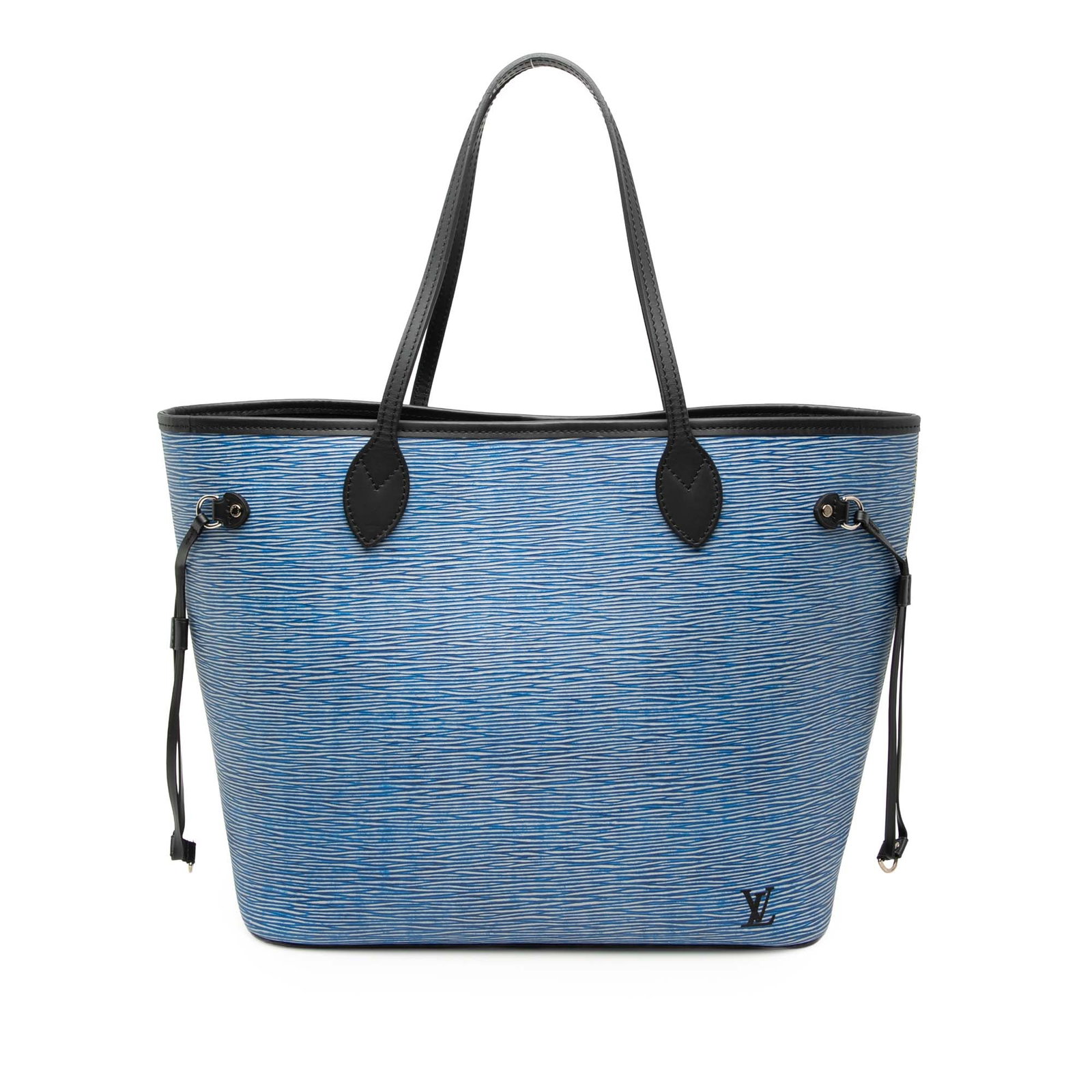 Louis Vuitton Neverfull MM Blue Epi Leather Tote with Detachable Pouch: Louis Vuitton Neverfull MM Blue Epi Leather Tote with Detachable Pouch The Louis Vuitton Epi Denim Neverfull MM features a distinctive Epi leather body in blue, flat leather handles, an open top with 