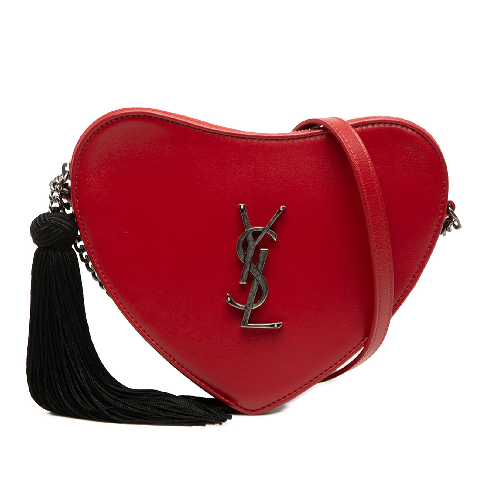 Saint Laurent Sac Coeur Monogram Leather Crossbody Bag Red: Saint Laurent Sac Coeur Monogram Leather Crossbody Bag Red Saint Laurent Calfskin Monogram Sac Coeur Tassel Crossbody in red leather. This crossbody bag features a leather body, a curb chain and leath