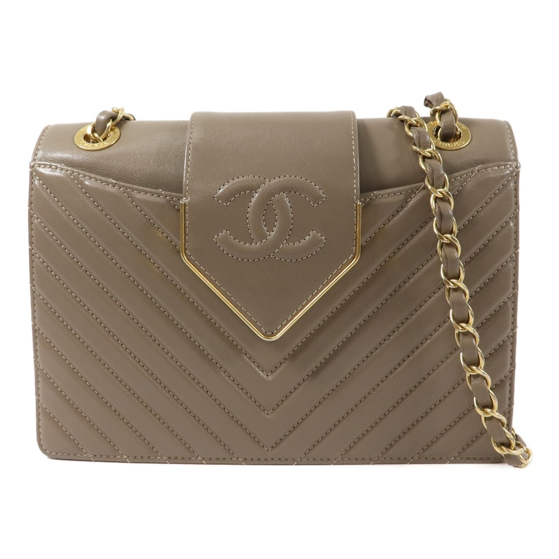 CHANEL Chevron CC Flap Shoulder Bag Gray Lambskin Gold Tone Chain: CHANEL Chevron CC Flap Shoulder Bag Gray Lambskin Gold Tone Chain A CHANEL shoulder bag in gray lambskin (sheep leather) with a chevron flap design and CC hardware. It features a chain shoulder strap,