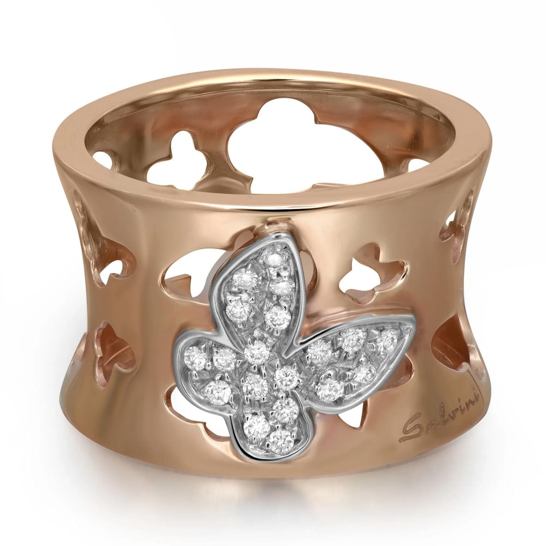 Salvini 18K Rose White Gold Butterfly Diamond Band Ring 0.15ct Size 7.5: Salvini 18K Rose White Gold Butterfly Diamond Band Ring 0.15ct Size 7.5 This exquisite wide band ring by Salvini is a stunning blend of 18K rose and white gold, designed to make a statement. The ring 