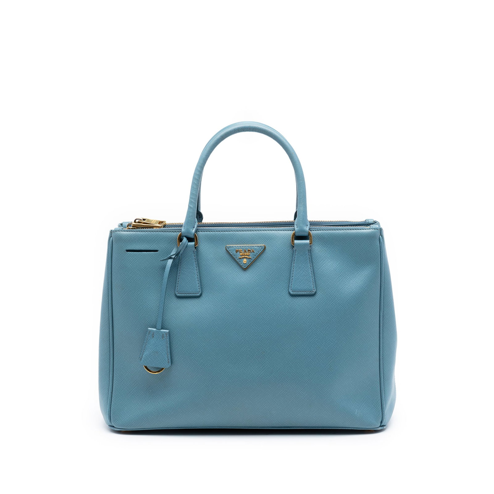 Prada Galleria Blue Saffiano Leather Double Zip Satchel: Prada Galleria Blue Saffiano Leather Double Zip Satchel This Prada Medium Saffiano Lux Galleria Double Zip Satchel is crafted from blue saffiano leather and features rolled leather handles, an open to