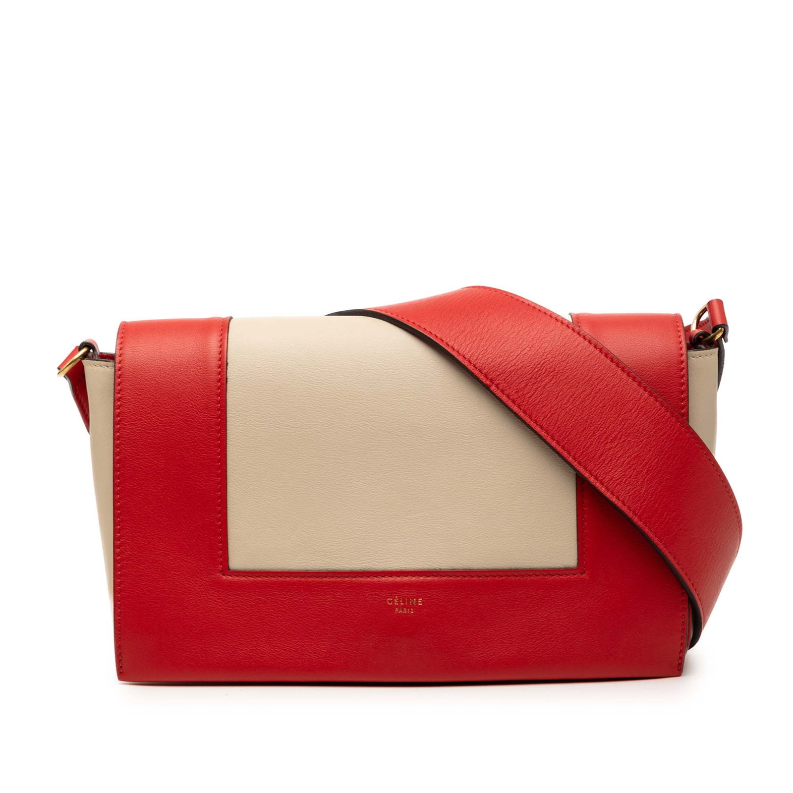 Celine Beige Leather Frame Shoulder Bag Medium: Celine Beige Leather Frame Shoulder Bag Medium This Celine Medium Shiny Smooth Calfskin Frame Shoulder Bag features a beige leather body with a flat leather shoulder strap, a front flap closure, and i