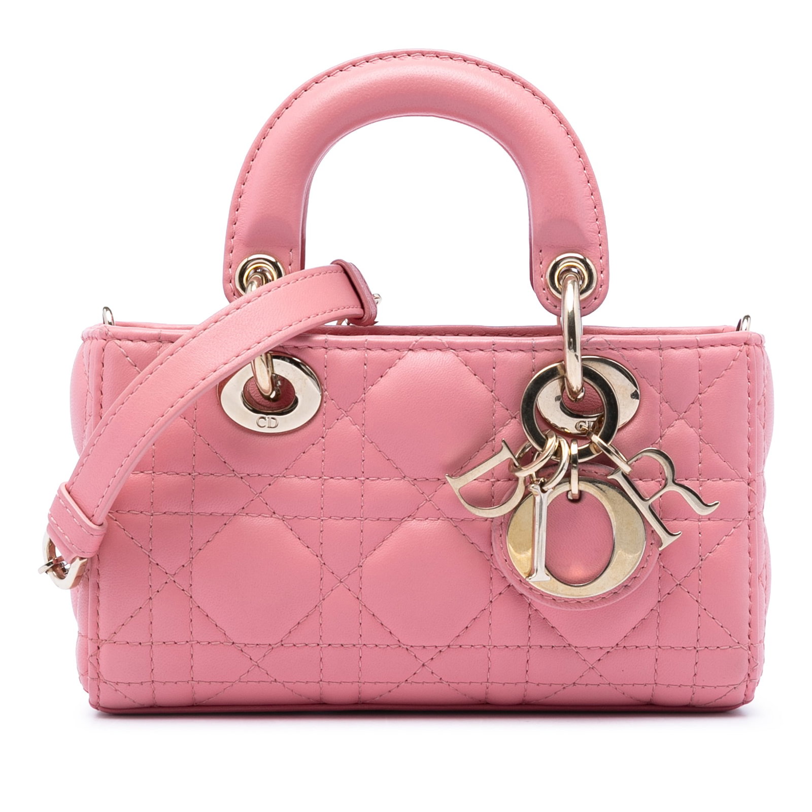 Dior Lady D Joy Micro Pink Cannage Lambskin Bag: Dior Lady D Joy Micro Pink Cannage Lambskin Bag This Lady D-Joy micro bag is crafted in pink quilted lambskin leather with the Cannage pattern. It features flat leather top handles, a detachable chain