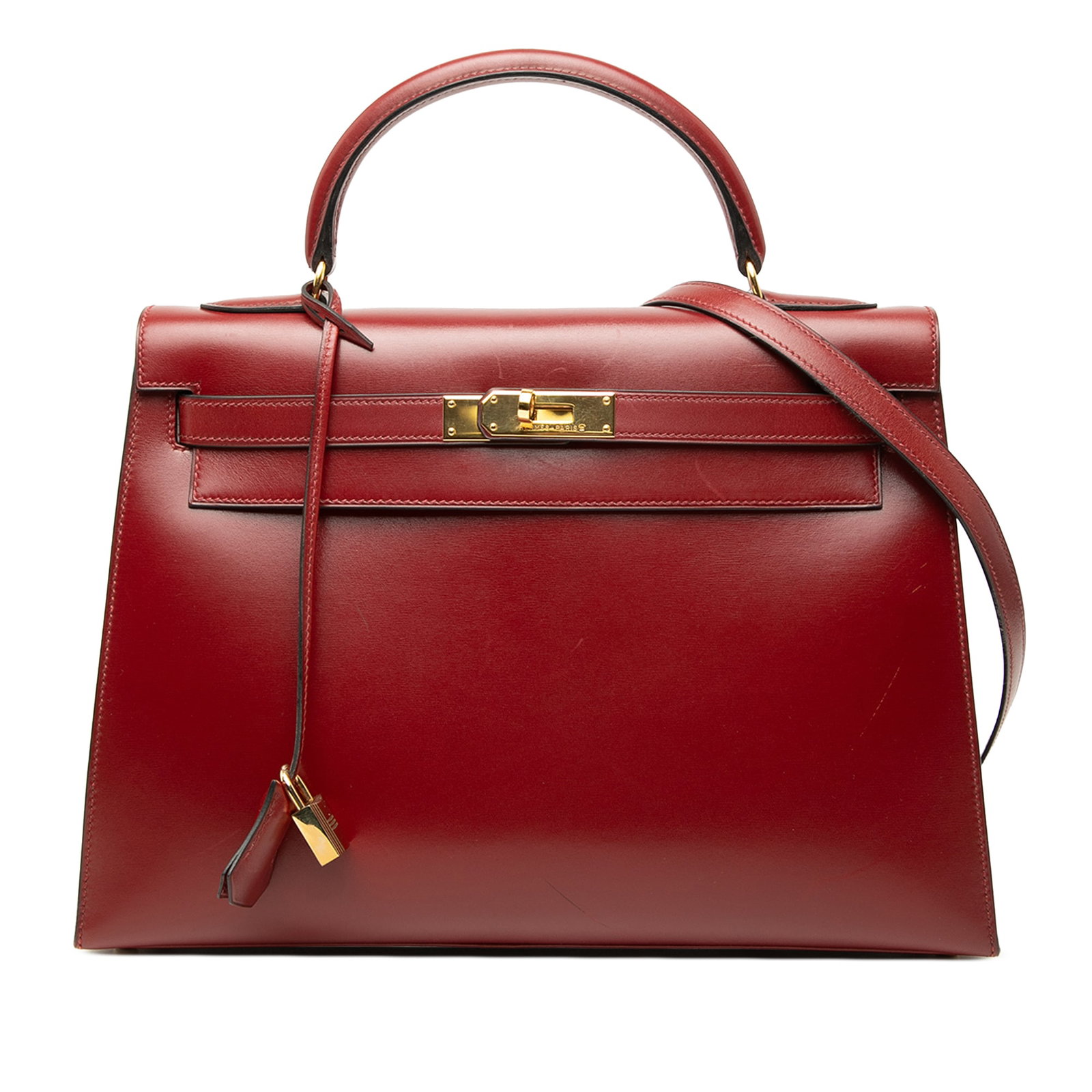 Hermes Kelly Sellier 32 Box Calf Leather Handbag Rouge H: Hermes Kelly Sellier 32 Box Calf Leather Handbag Rouge H Hermes Kelly Sellier 32 bag in Box Calf leather, made in France. It features a Rouge H red leather body, a flat leather top handle, a detachabl