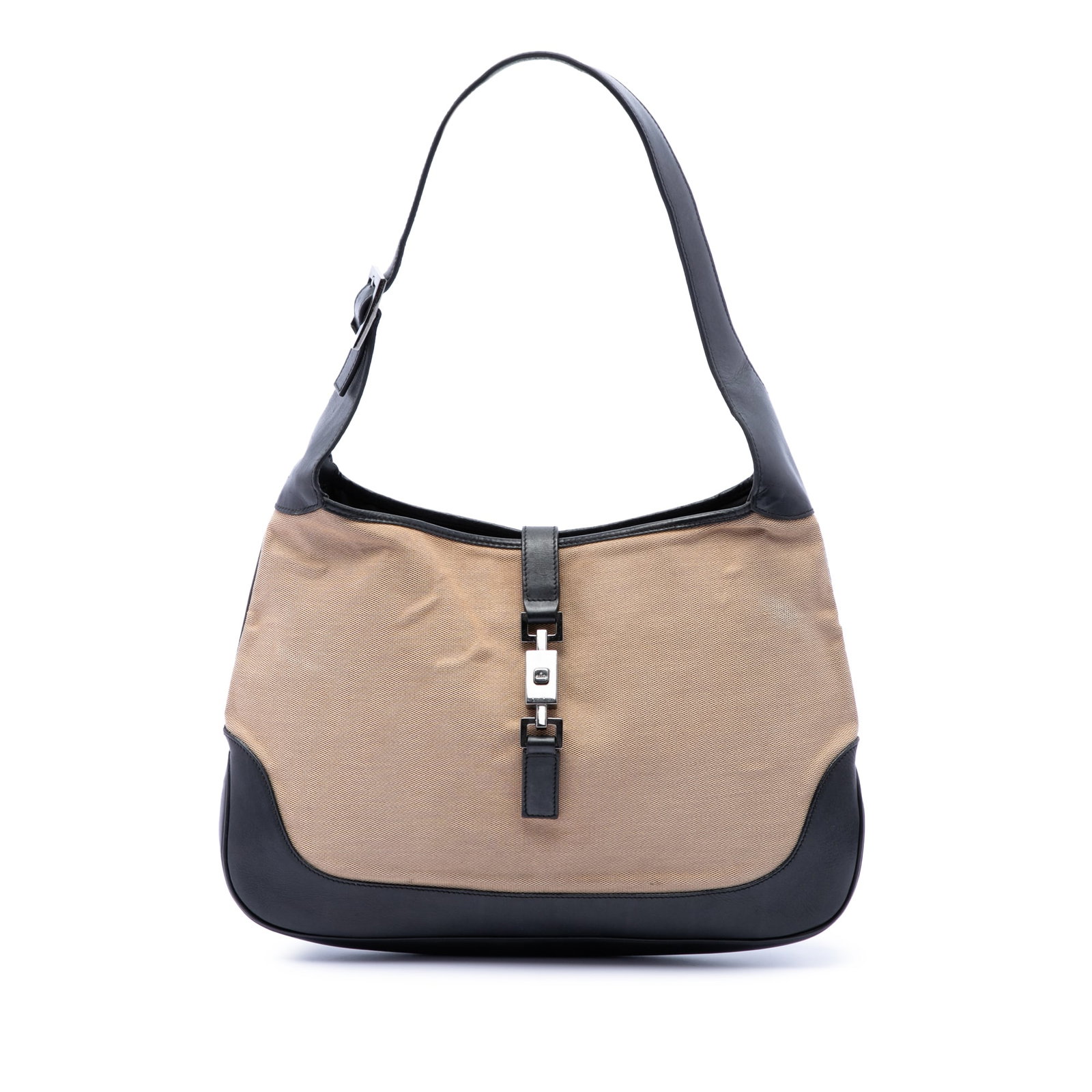 Gucci Jackie Beige Canvas Shoulder Bag with Leather Trim: Gucci Jackie Beige Canvas Shoulder Bag with Leather Trim Gucci Canvas Jackie Shoulder Bag in beige, made in Italy. It features a canvas body with leather trim, an adjustable flat leather shoulder stra