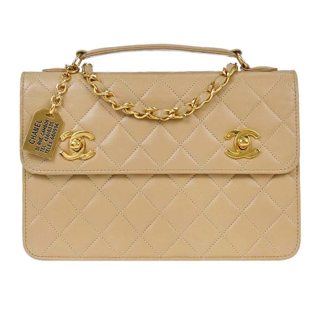 CHANEL Single Chain Shoulder Beige Lambskin Flap Bag: CHANEL Single Chain Shoulder Beige Lambskin Flap Bag Chanel 2way shoulder handbag in beige lambskin with a matelasse quilted exterior and flap turnlock closure. This small women's bag features a singl