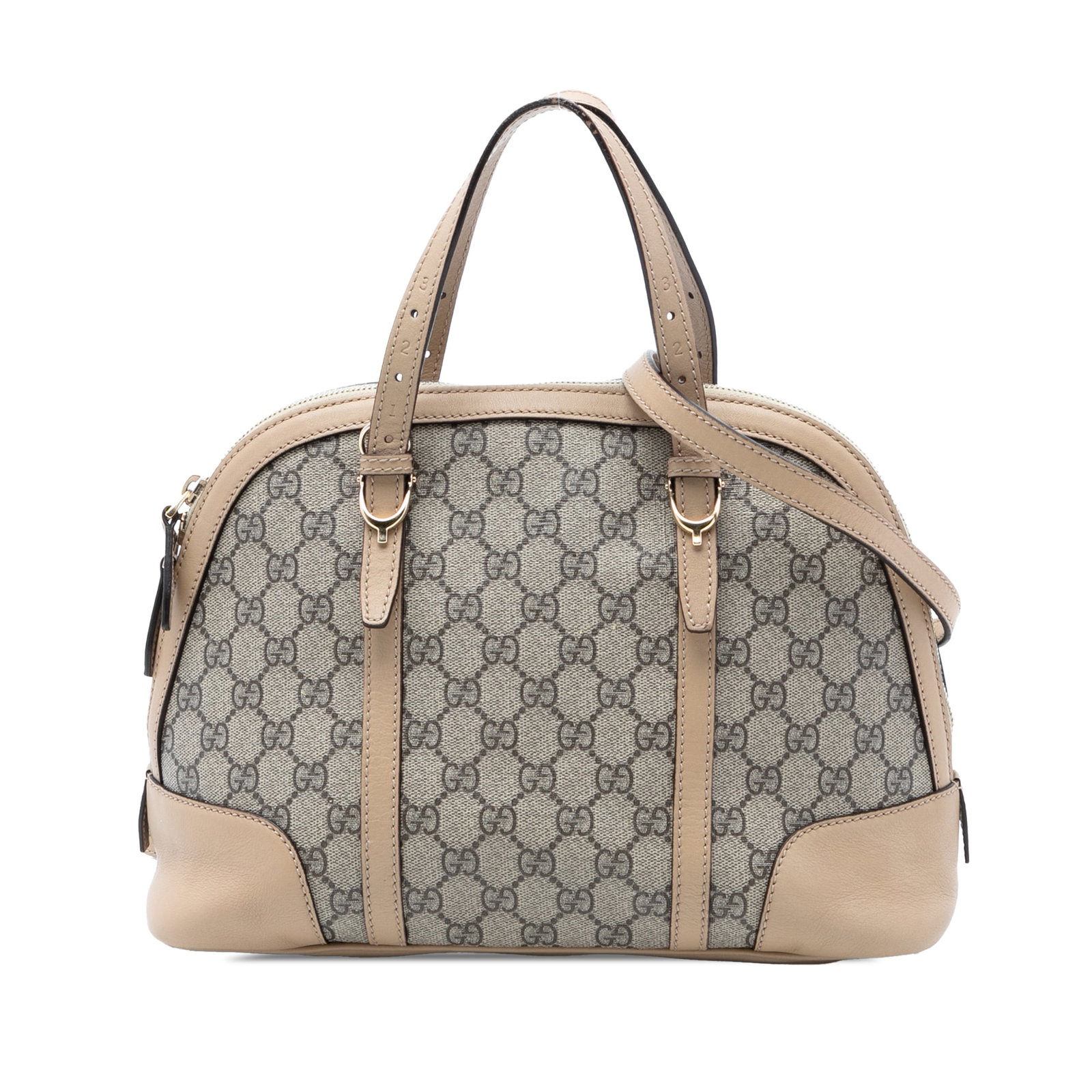 Gucci GG Supreme Dome Satchel Small Beige: Gucci GG Supreme Dome Satchel Small Beige This Gucci Small GG Supreme Nice Dome Satchel features a coated canvas body with leather trim, adjustable flat leather handles, and a detachable, adjustable f