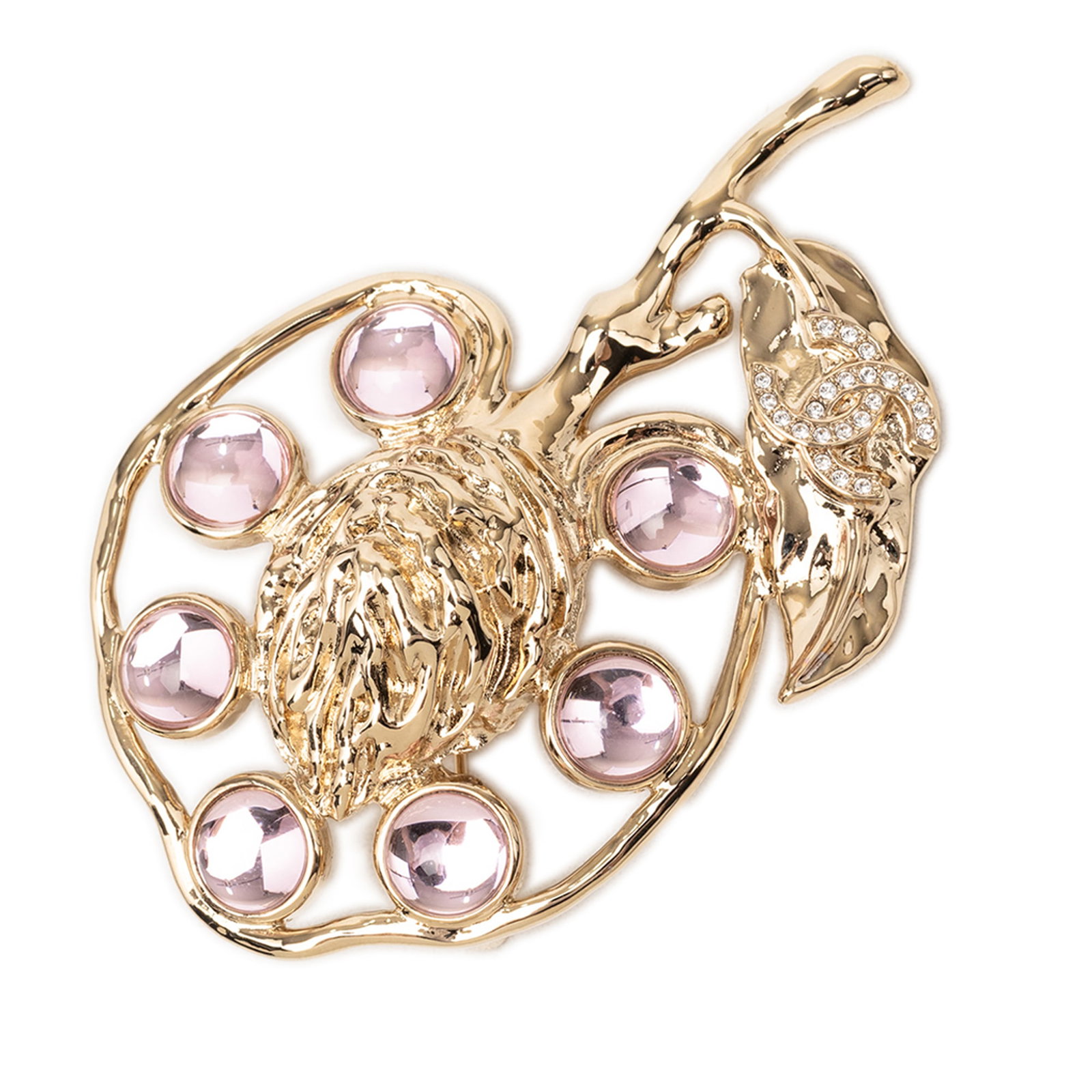 Chanel CC Strass Gripoix Fruit Gold Plated Brooch: Chanel CC Strass Gripoix Fruit Gold Plated Brooch This Chanel brooch features a gold-plated metal body adorned with CC rhinestones and glass embellishments, designed in a fruit motif. It is crafted in