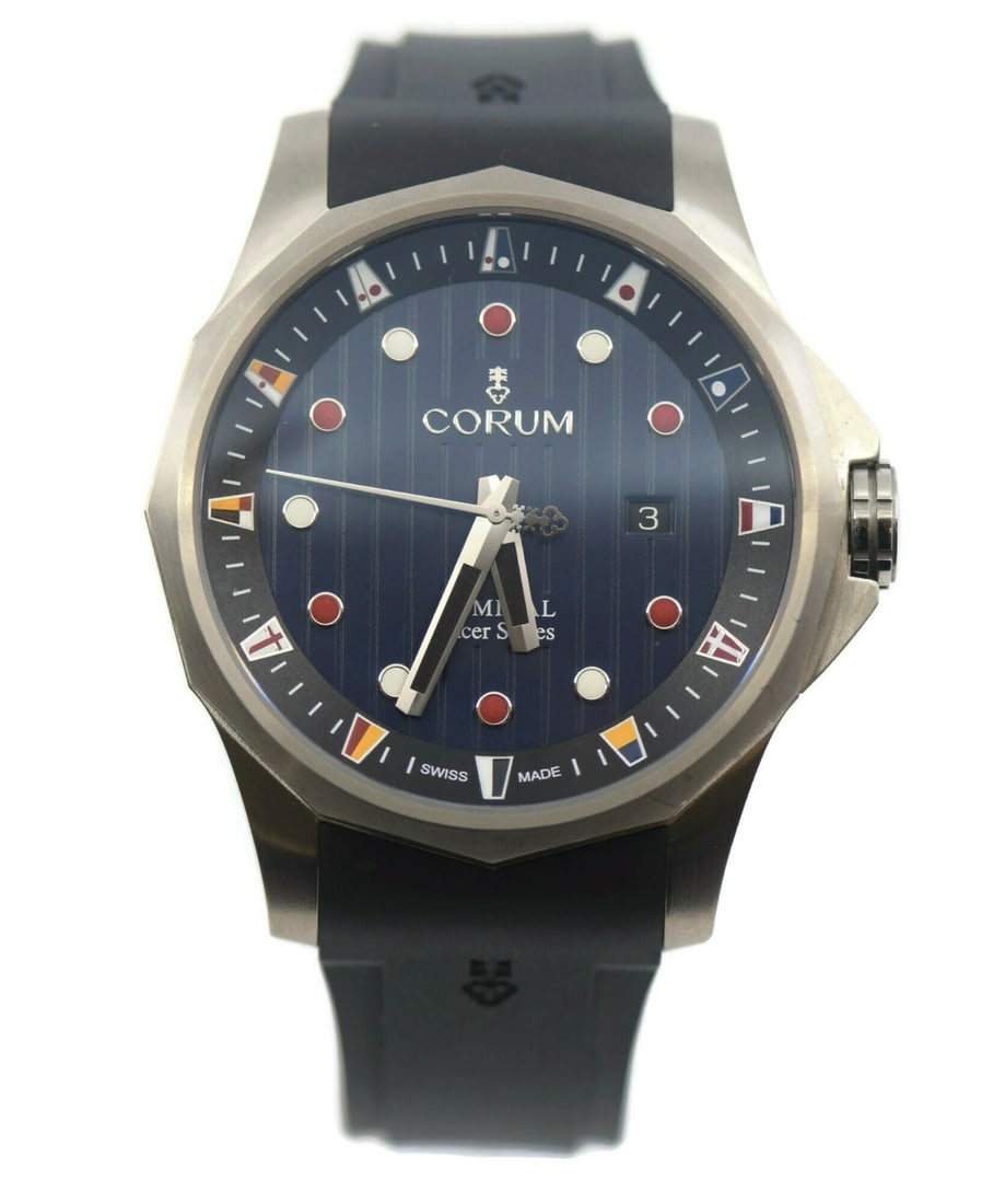 Corum Admiral's Cup Racer 47mm Stainless Steel Watch 411.100.04 with Box and Papers: Corum Admiral's Cup Racer 47mm Stainless Steel Watch 411.100.04 with Box and Papers Presenting the Corum Admiral's Cup Racer, a striking wristwatch that combines style and precision. This timepiece fe