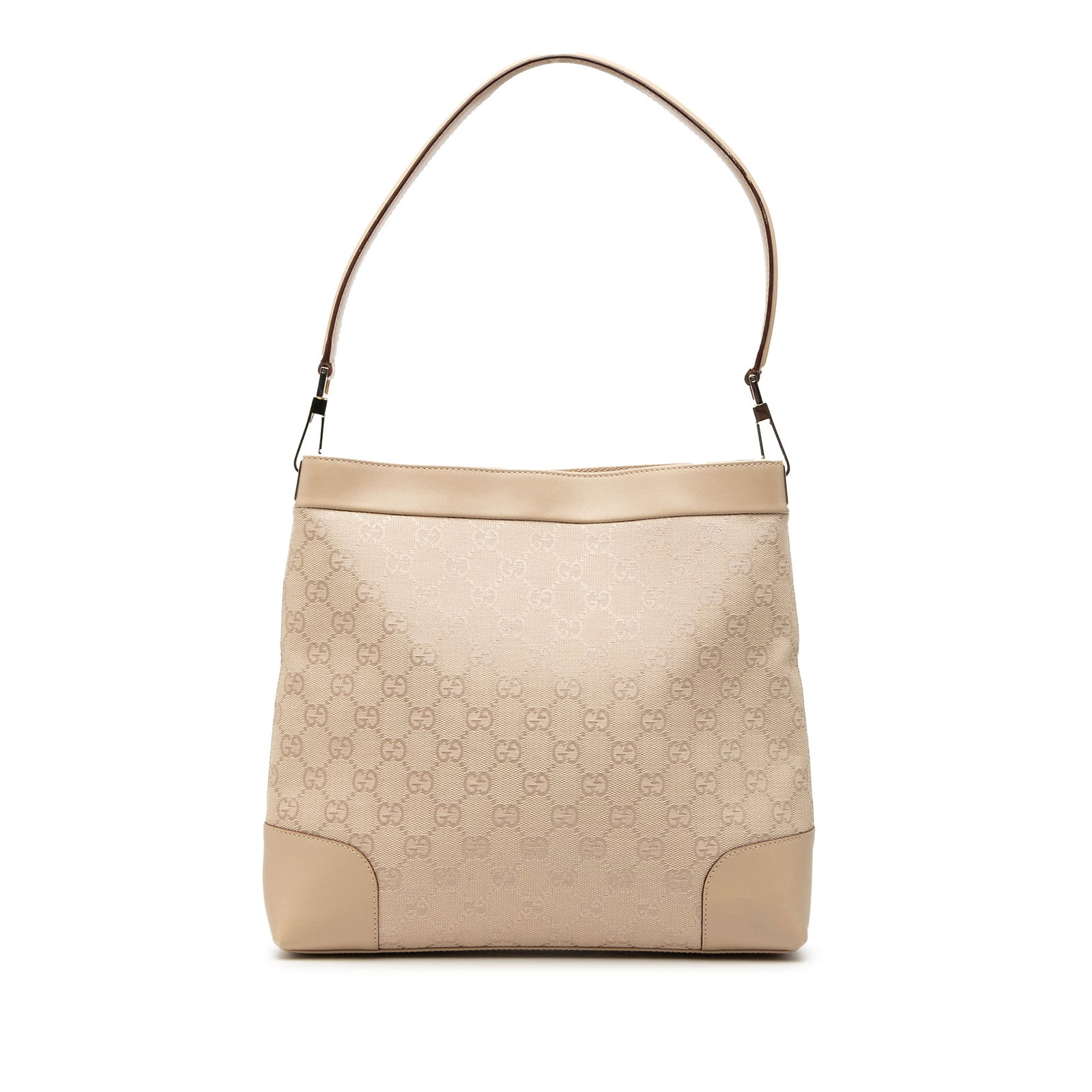 Gucci beige GG Canvas shoulder bag with leather trim: Gucci beige GG Canvas shoulder bag with leather trim This Gucci GG Canvas Shoulder Bag features a beige canvas body with leather trim, a flat leather strap, and an open top secured by a magnetic snap 