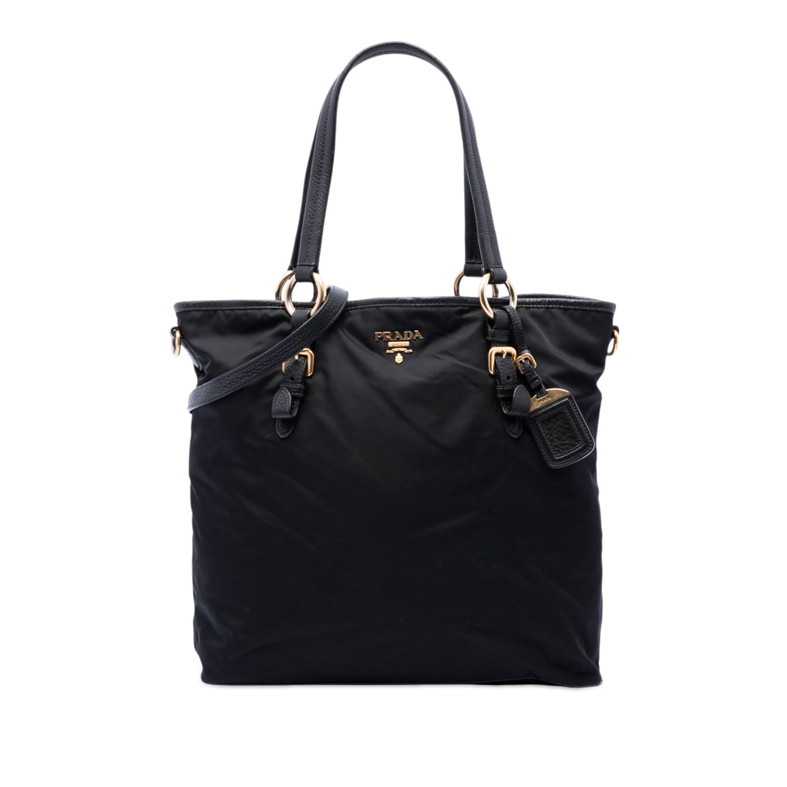 Prada Tessuto Black Nylon Satchel with Detachable Strap: Prada Tessuto Black Nylon Satchel with Detachable Strap Prada Tessuto Convertible Tote satchel in black, featuring a nylon body with leather trim, flat leather handles, and a detachable flat strap. It