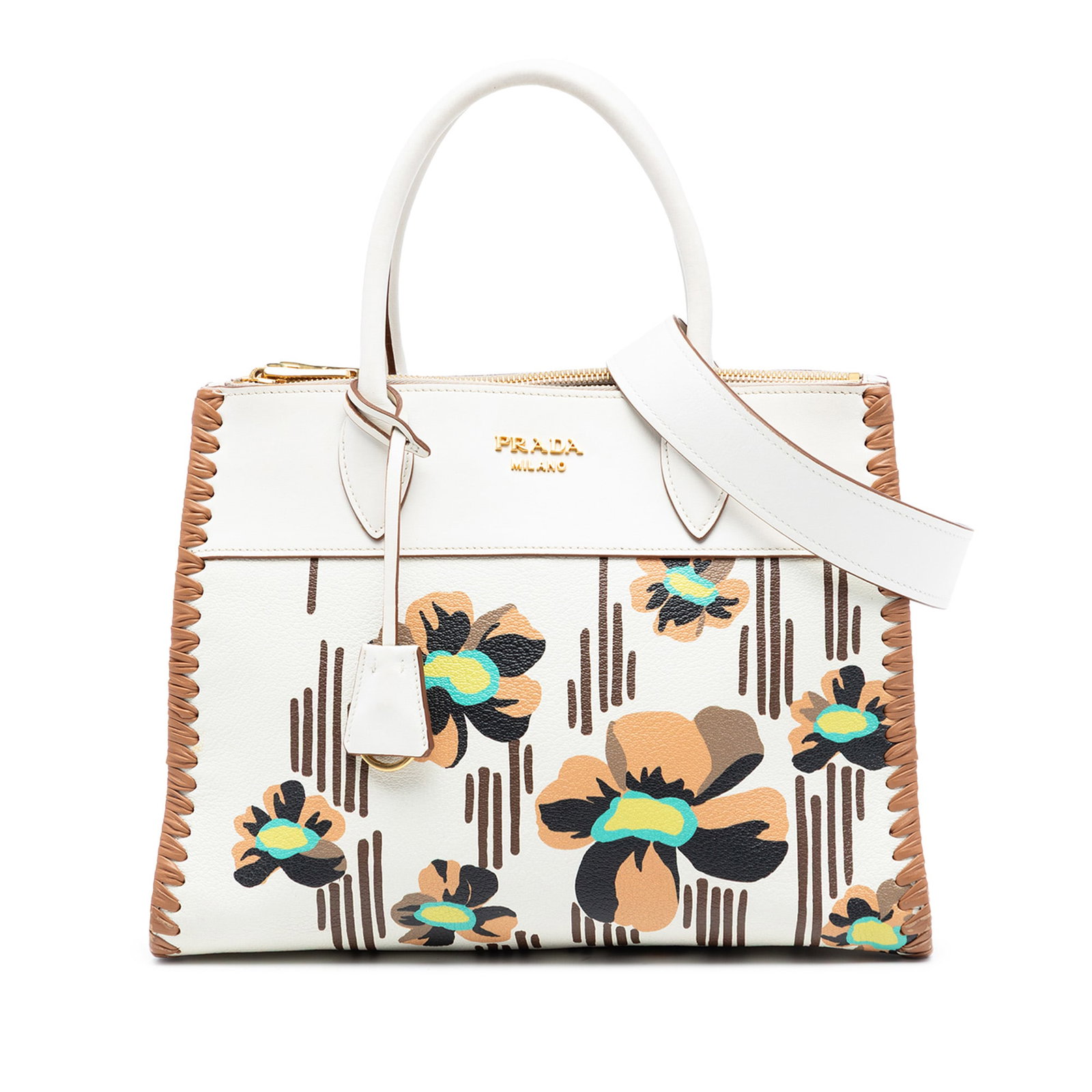 Prada Paradigme Madras Floral Print Leather Satchel with Whipstitch Trim: Prada Paradigme Madras Floral Print Leather Satchel with Whipstitch Trim This Prada City Calf Trimmed Madras Floral Print Paradigme Whipstitch Satchel is crafted from printed goatskin leather and feat