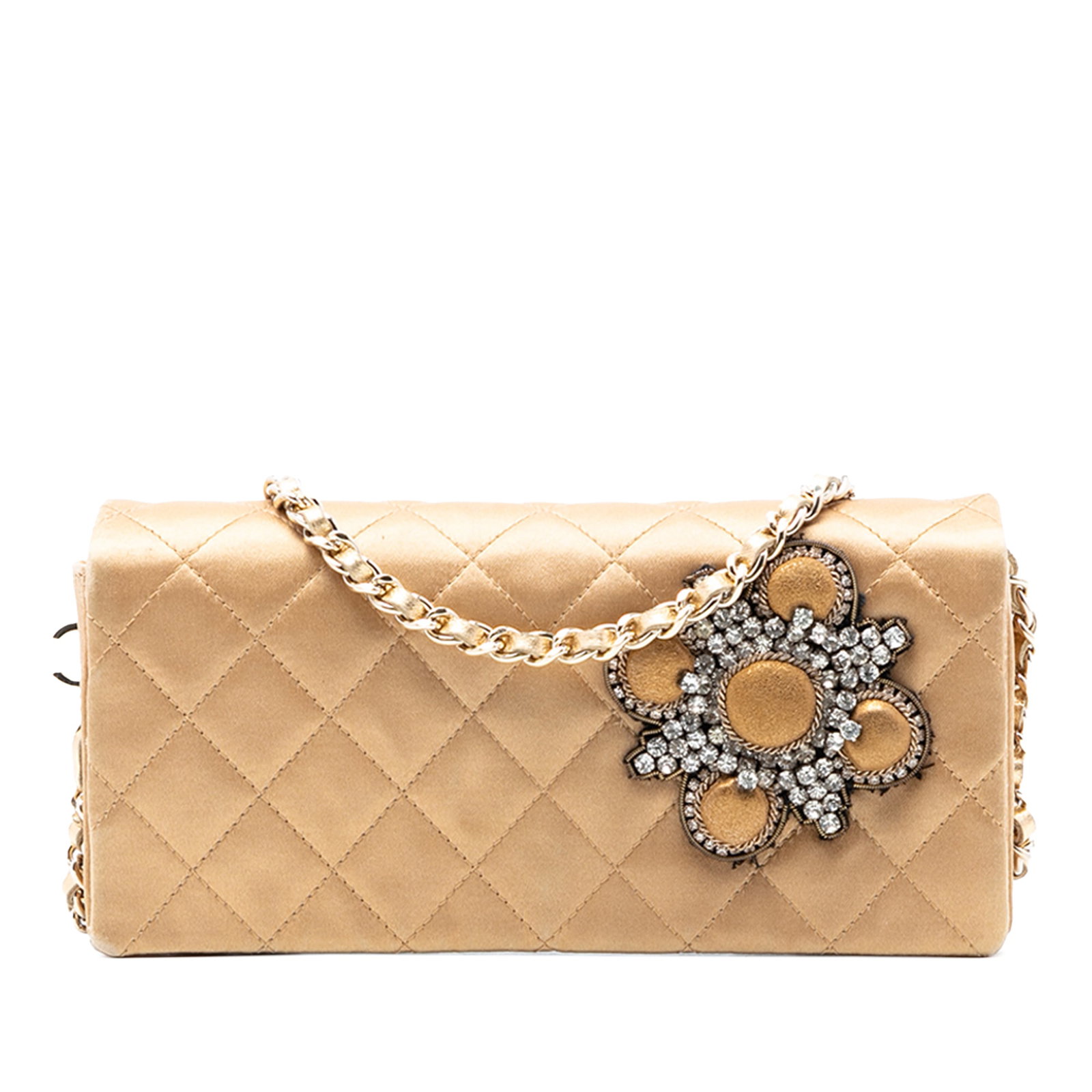 Chanel quilted satin chain clutch with crystal detail: Chanel quilted satin chain clutch with crystal detail This Chanel clutch features a quilted satin exterior in gold, complemented by a leather-woven chain strap. The design includes a front flap with s