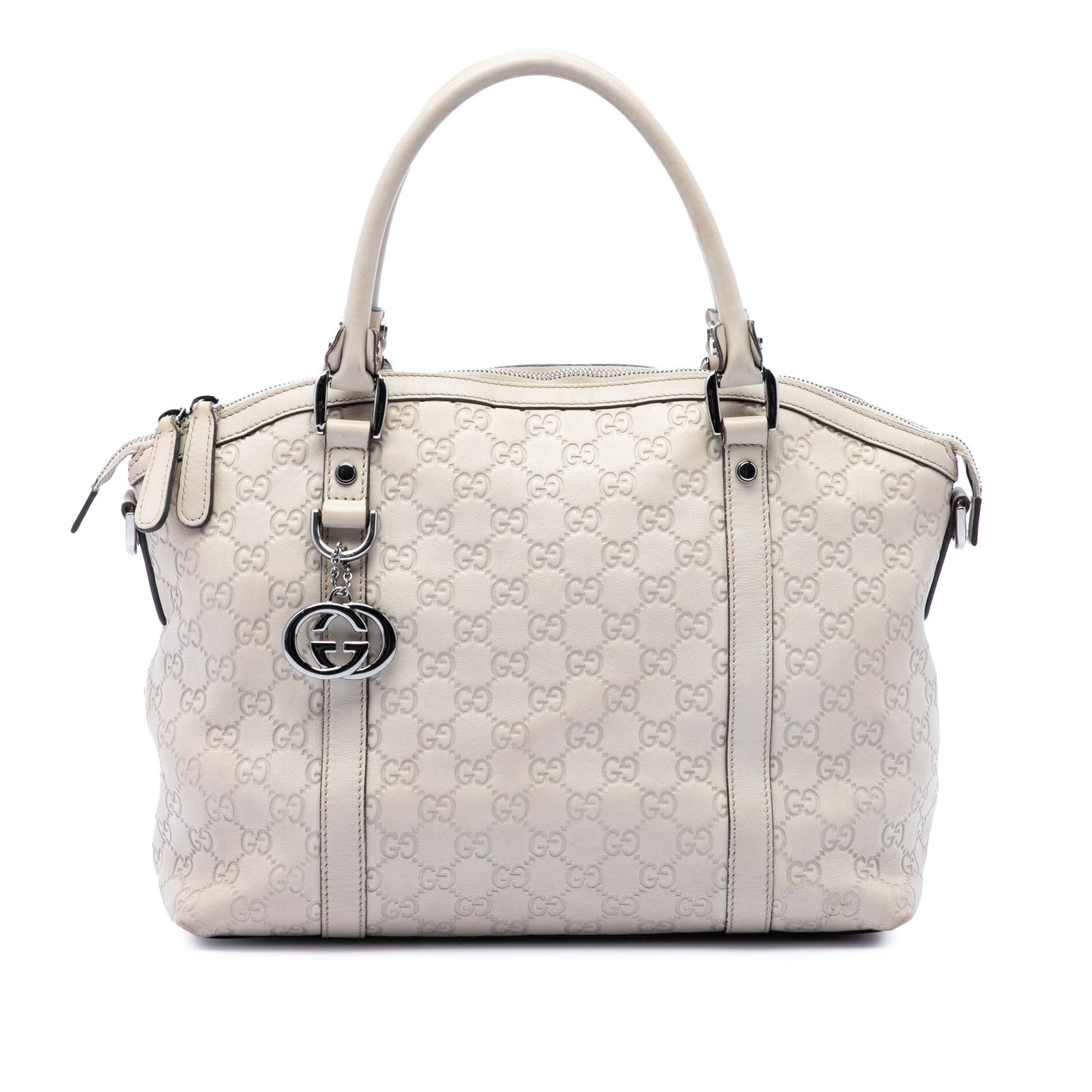 Gucci Medium Guccissima Dome Satchel White Leather GG Charm: Gucci Medium Guccissima Dome Satchel White Leather GG Charm This Gucci Medium Guccissima GG Charm Dome Satchel is crafted in white embossed leather with a structured dome silhouette. It features rolle